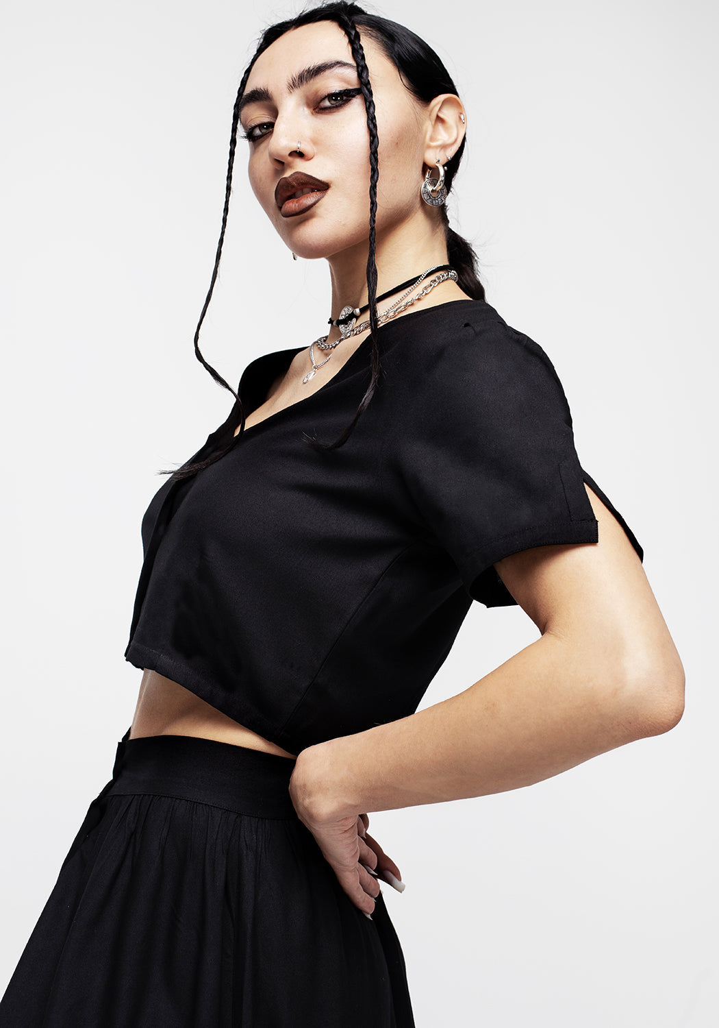 Black Button Down Crop Top with V-Neck & Short Sleeves | Realm