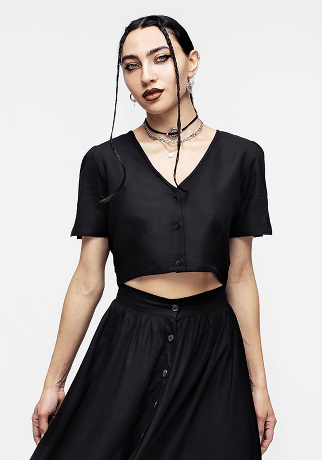 Black Button Down Crop Top with V-Neck & Short Sleeves | Realm