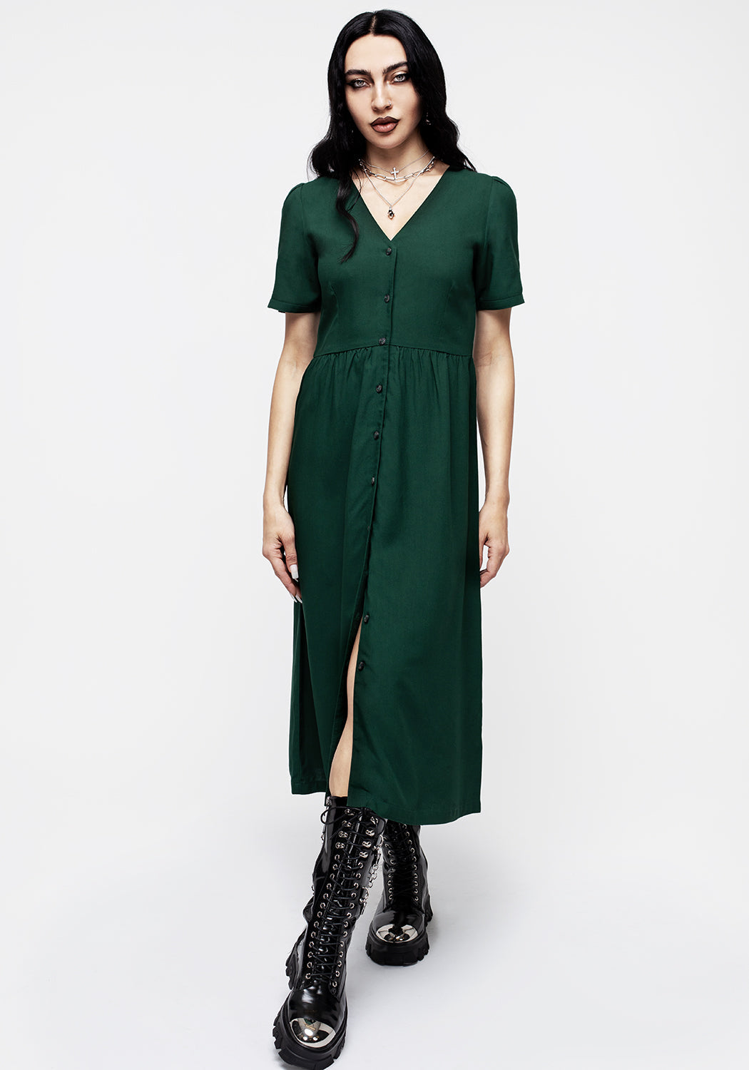 Green Button Down Midi Dress with V-Neck & Flare Cut | Realm