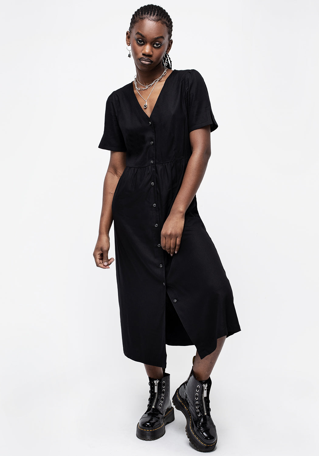 Black Button-Down Midi Dress with V-Neck & Flare Cut | Realm