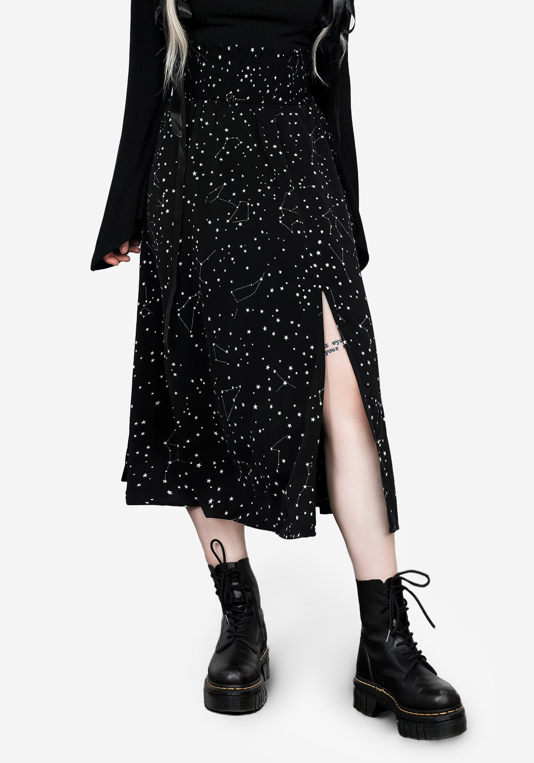 Celestial Print Midaxi Skirt with Front Split & Pleats | Starry Style