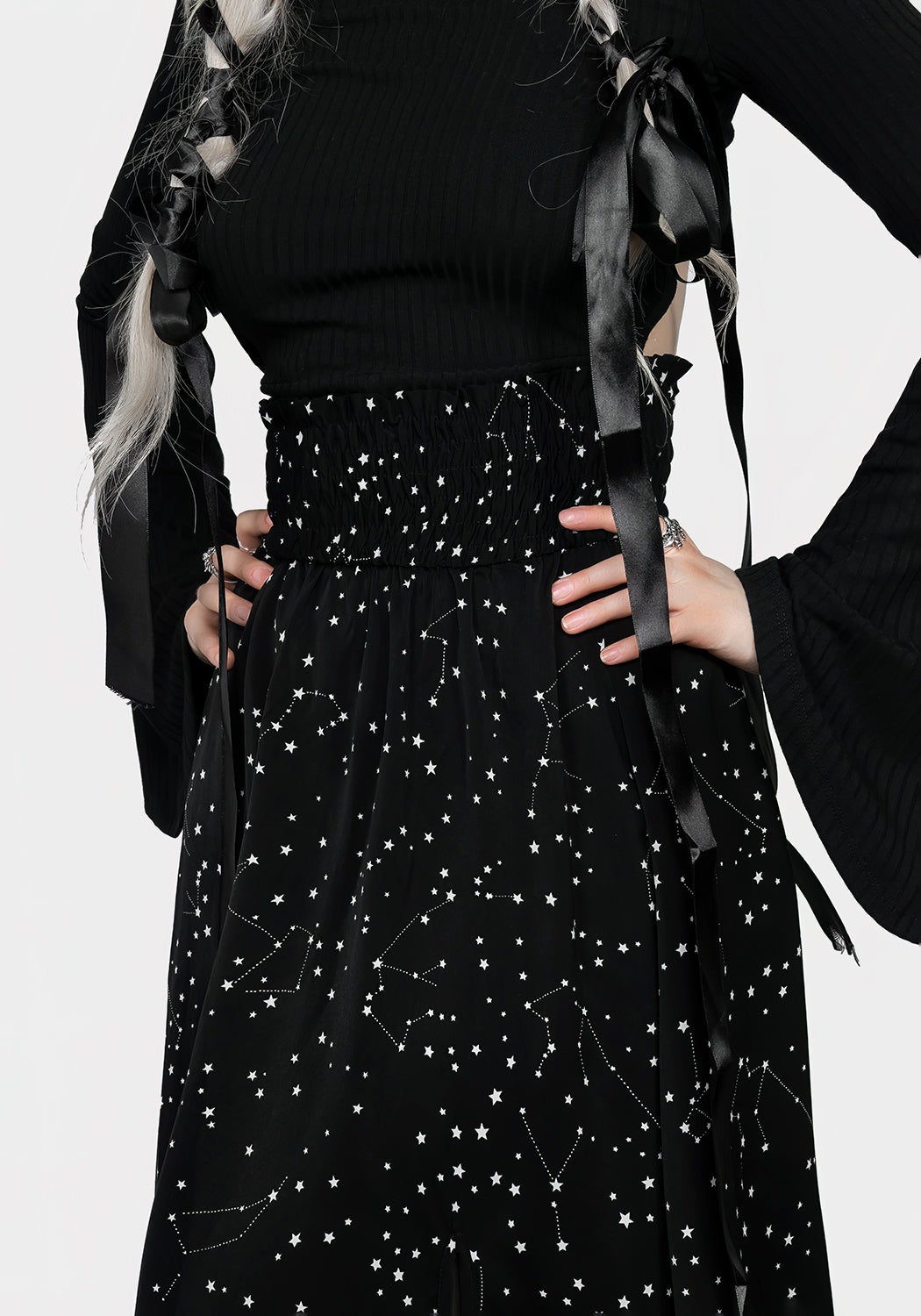 Celestial Print Midaxi Skirt with Front Split & Pleats | Starry Style