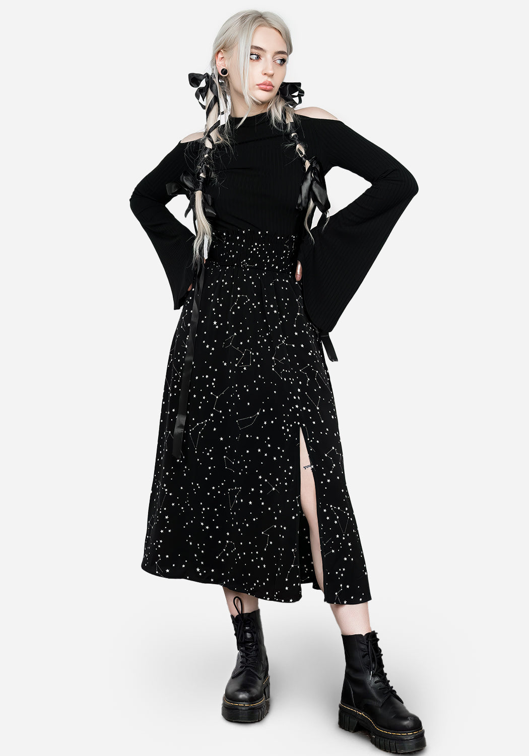 Celestial Print Midaxi Skirt with Front Split & Pleats | Starry Style
