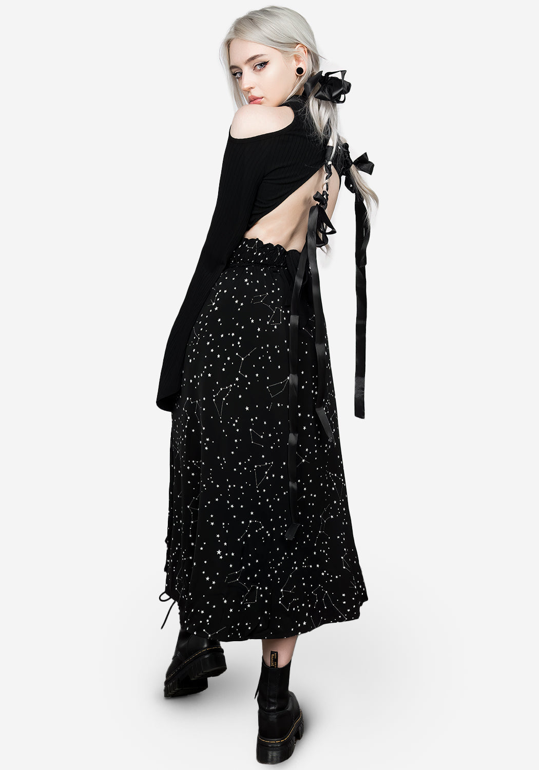 Celestial Print Midaxi Skirt with Front Split & Pleats | Starry Style