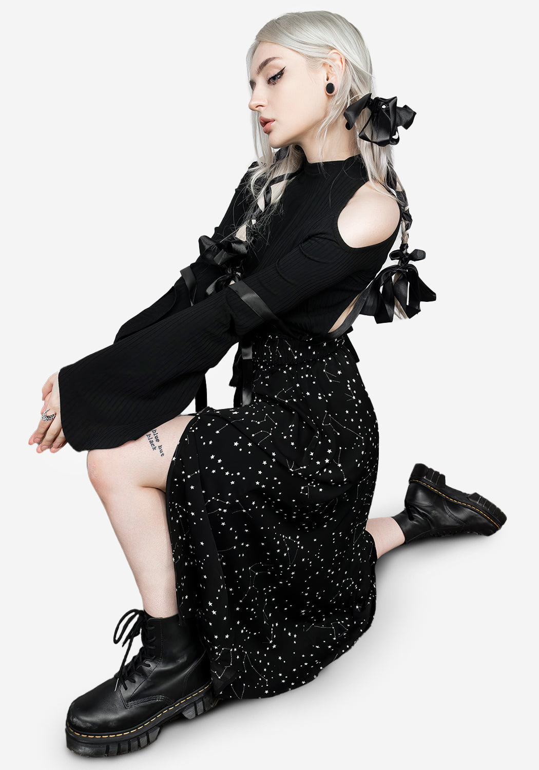 Celestial Print Midaxi Skirt with Front Split & Pleats | Starry Style