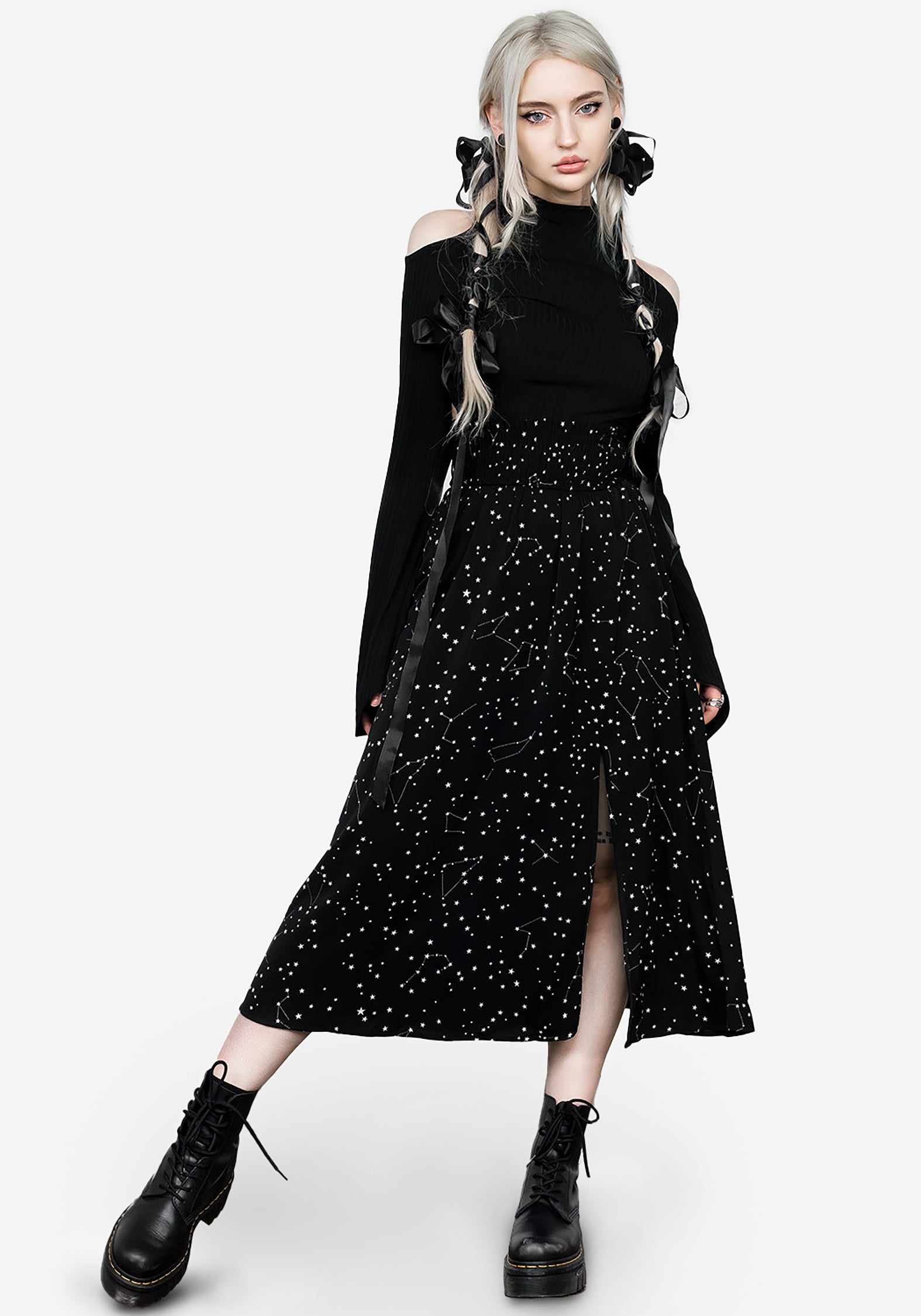 Celestial Print Midaxi Skirt with Front Split & Pleats | Starry Style