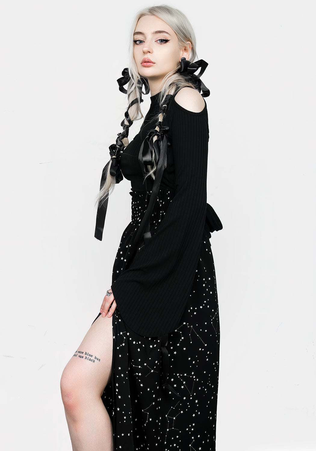 Celestial Print Midaxi Skirt with Front Split & Pleats | Starry Style