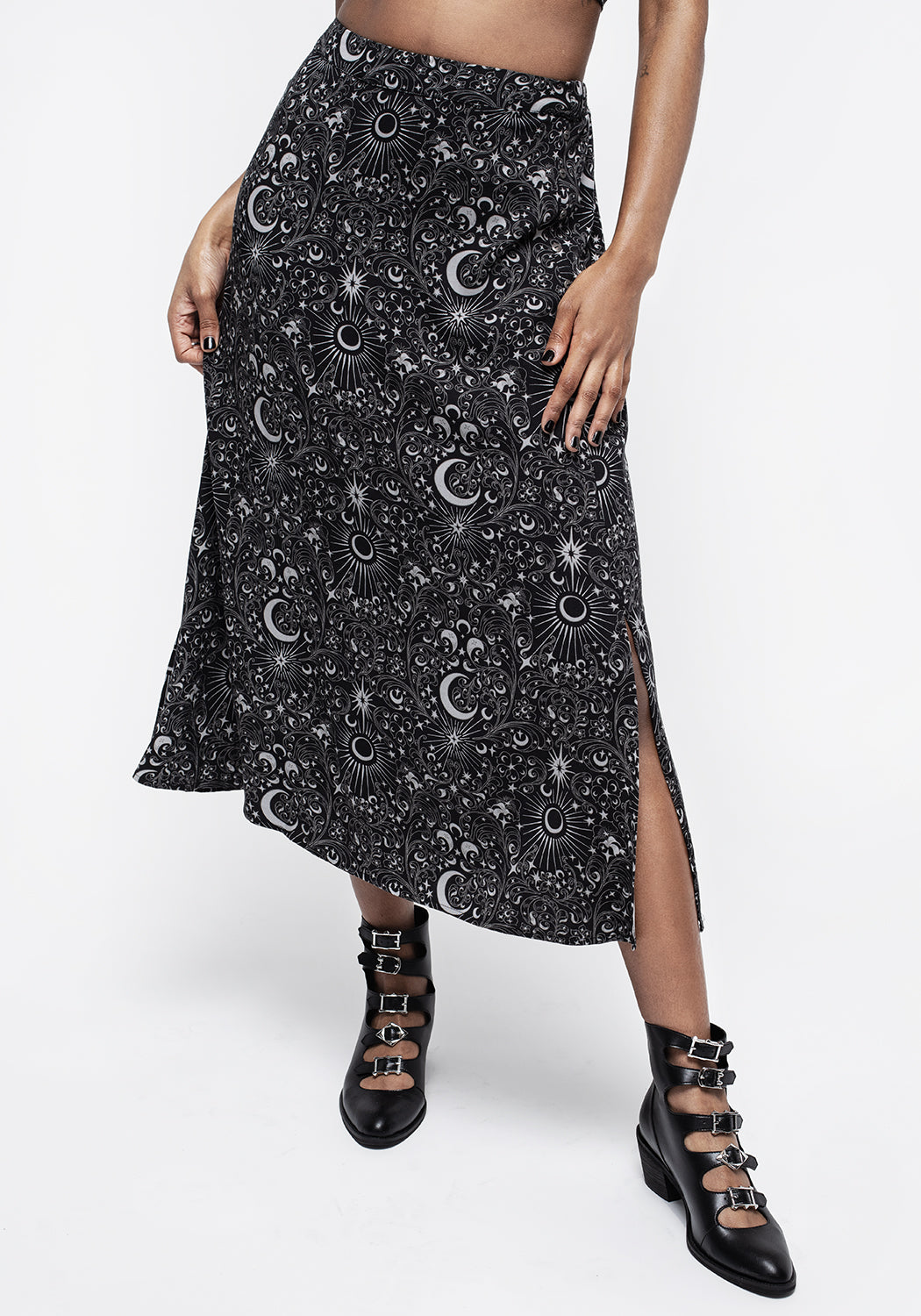 Black Moon & Star Print Side Split Skirt | Stellaluna