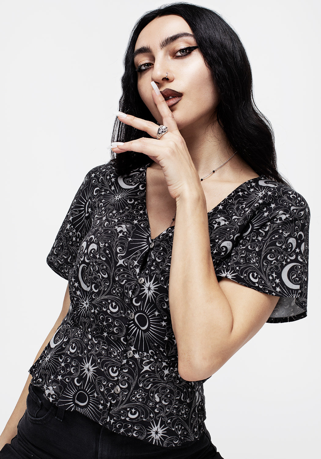 Black Moon & Star Print Button-Up Peplum Top | Stellaluna