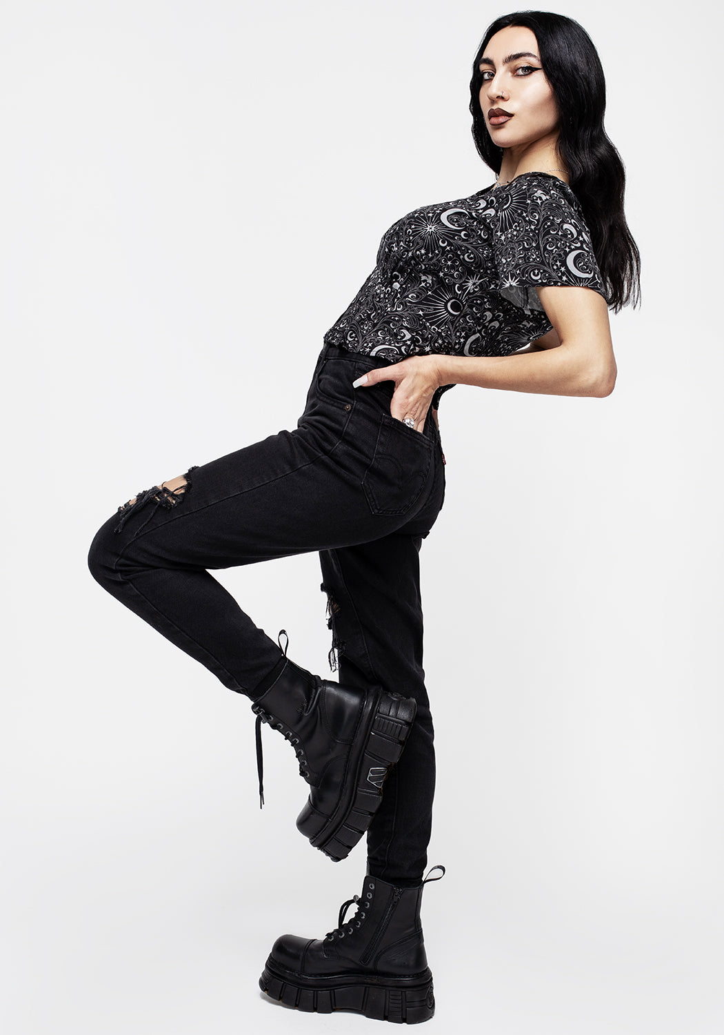 Black Moon & Star Print Button-Up Peplum Top | Stellaluna
