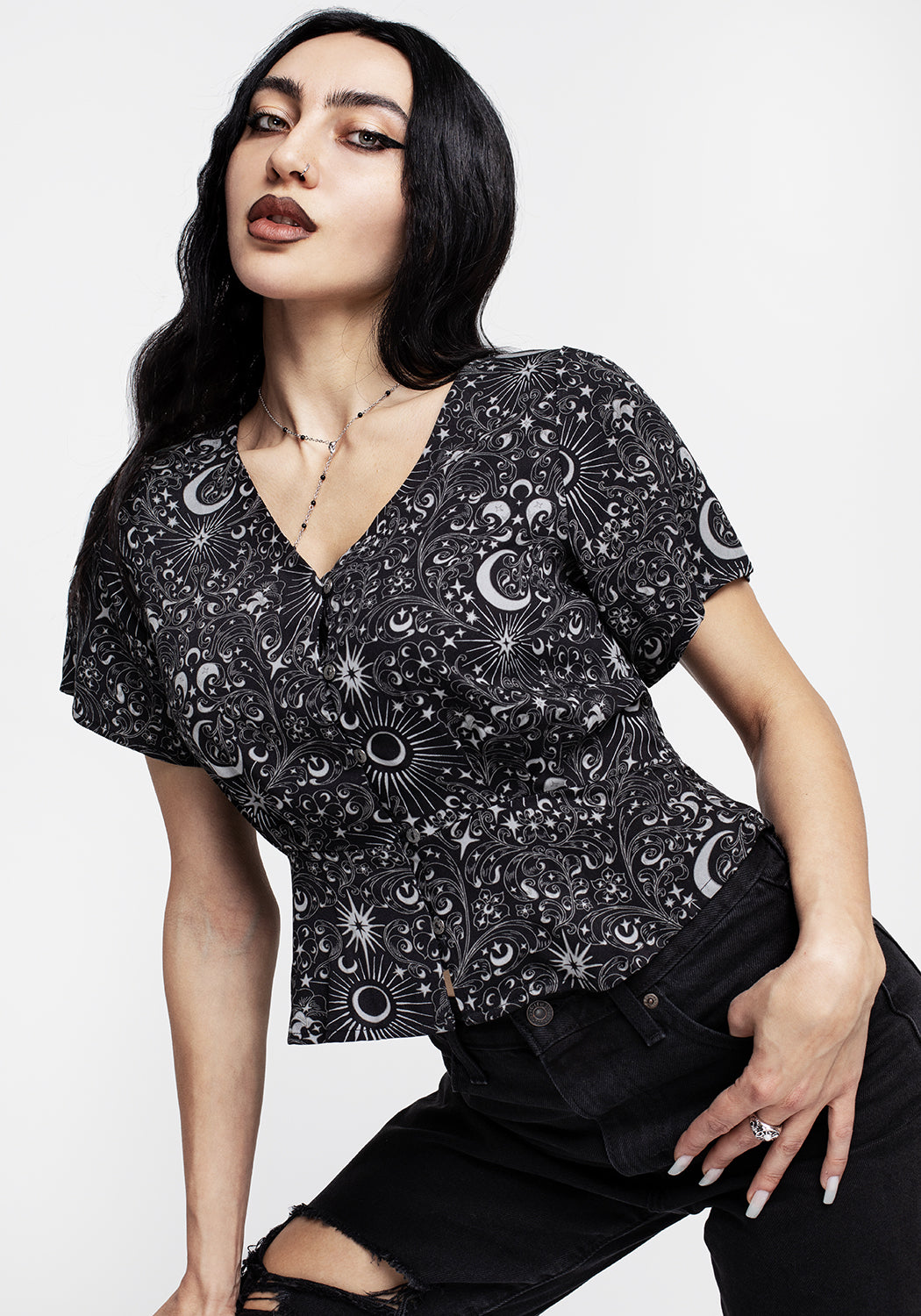 Black Moon & Star Print Button-Up Peplum Top | Stellaluna