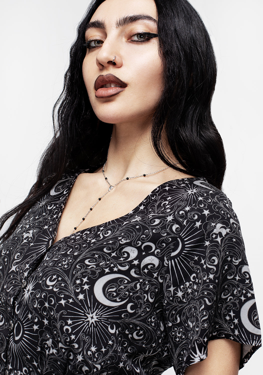 Black Moon & Star Print Button-Up Peplum Top | Stellaluna