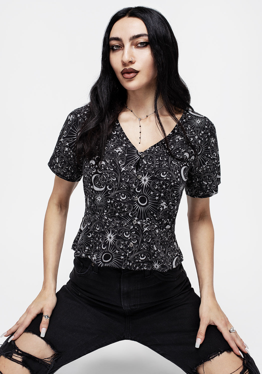 Black Moon & Star Print Button-Up Peplum Top | Stellaluna