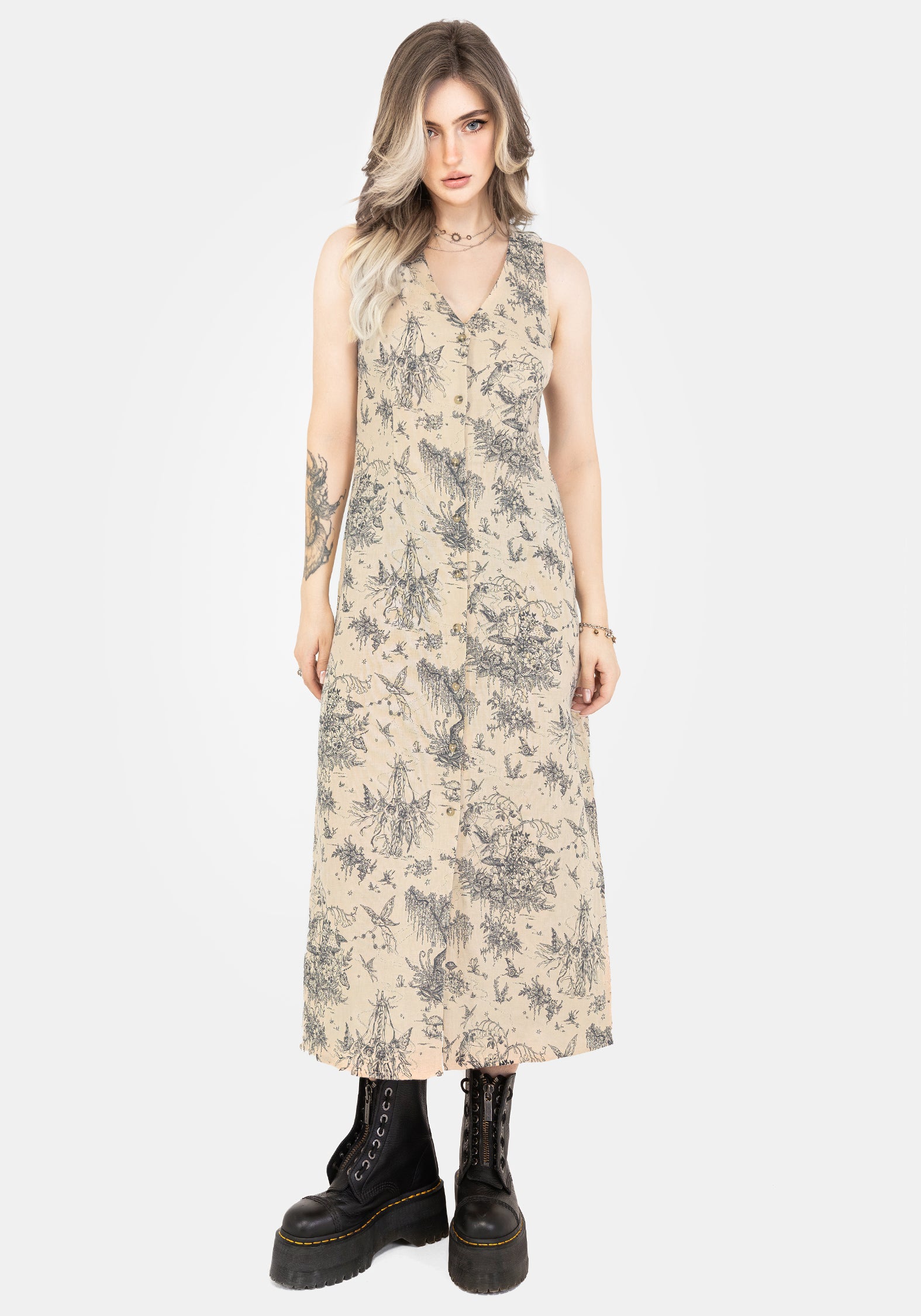 Cream Cotton Button Up Midaxi Dress with Fairy Print | Maypole