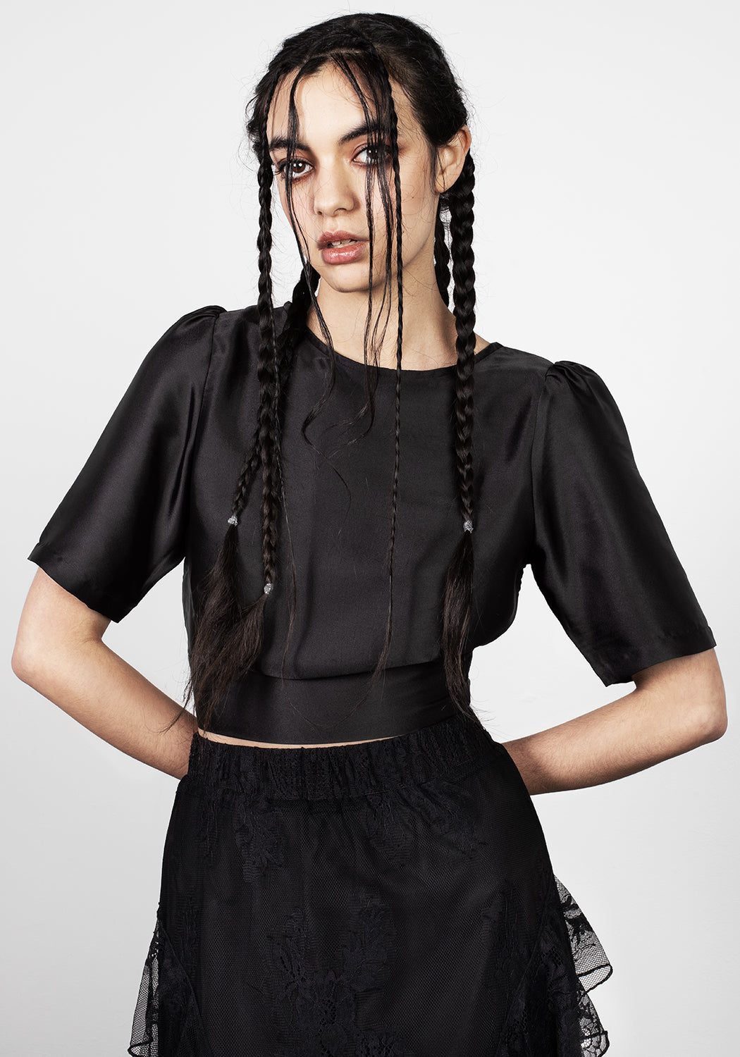 Black Satin Crop Top with Tie-Back Detail | Corruptus
