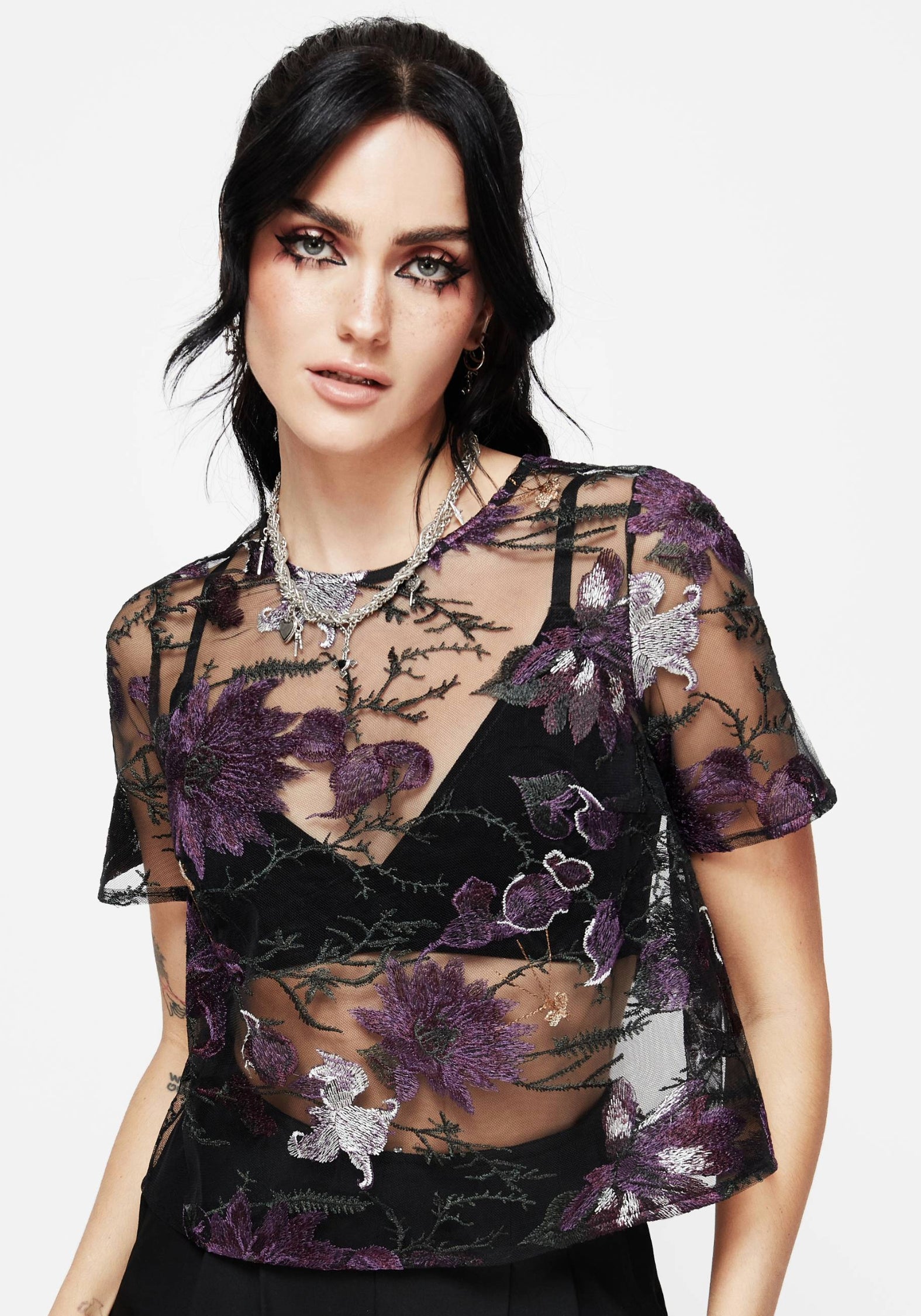 Embroidered Mesh Blouse with Tie Back | Estrid