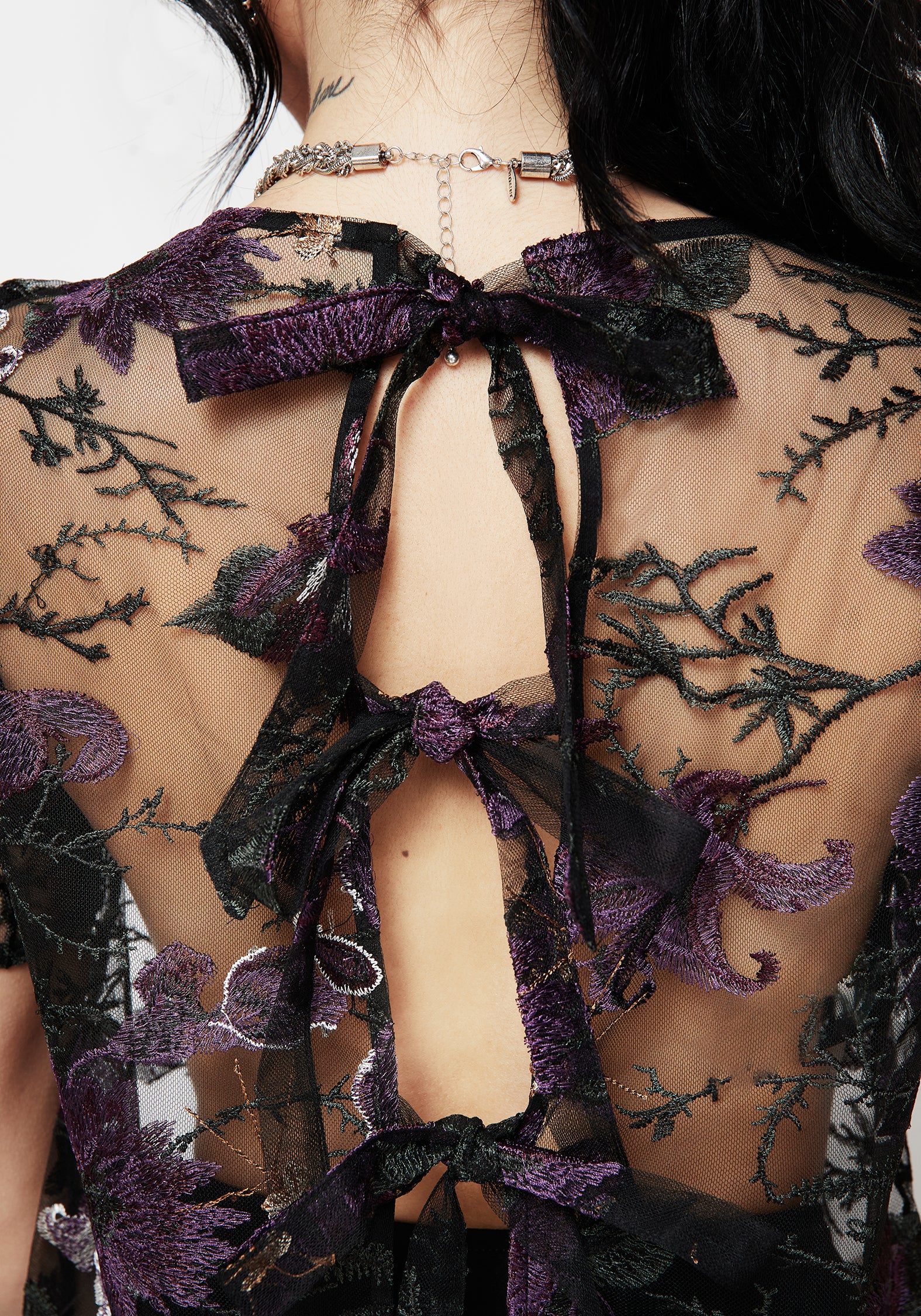 Embroidered Mesh Blouse with Tie Back | Estrid