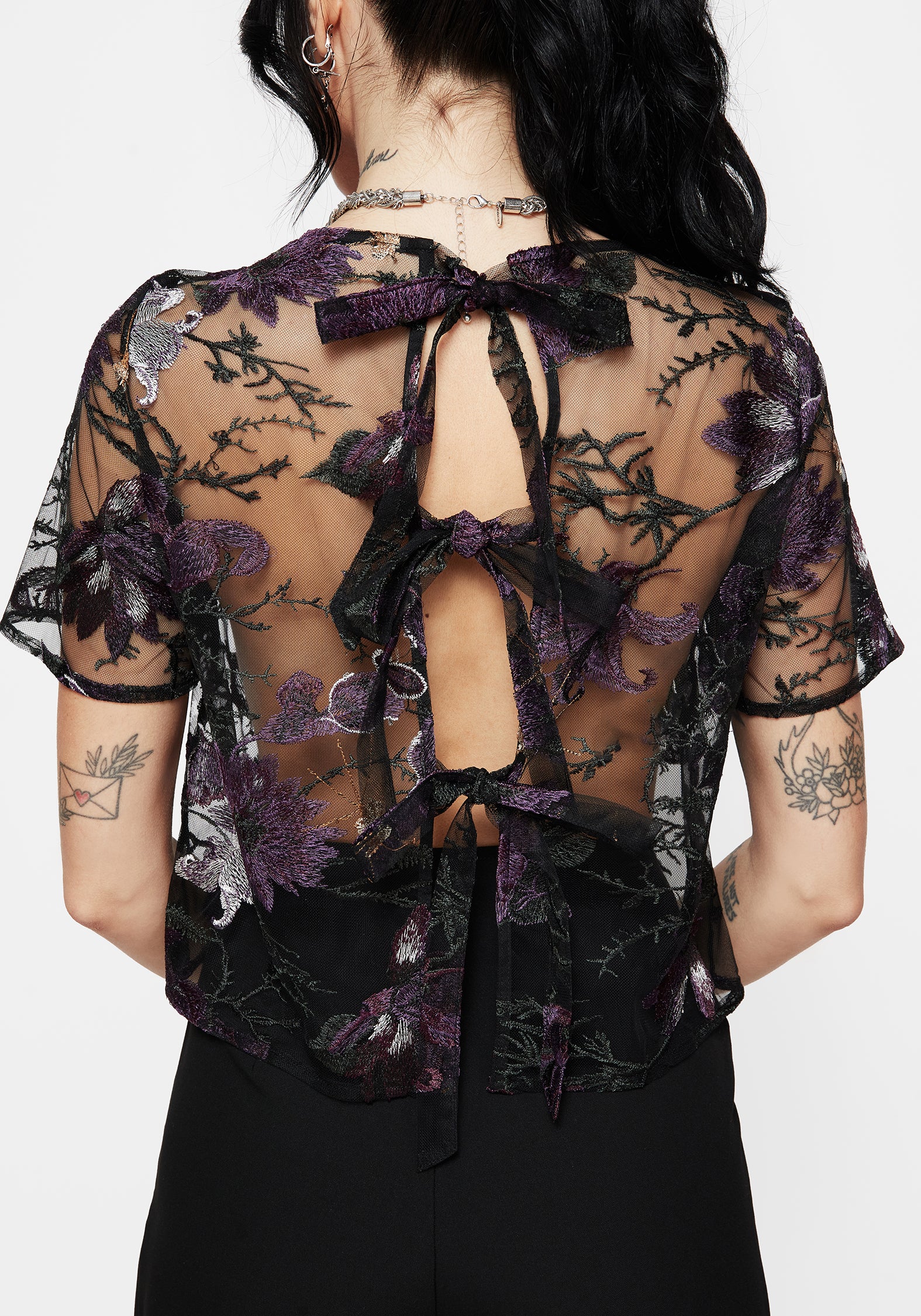 Embroidered Mesh Blouse with Tie Back | Estrid