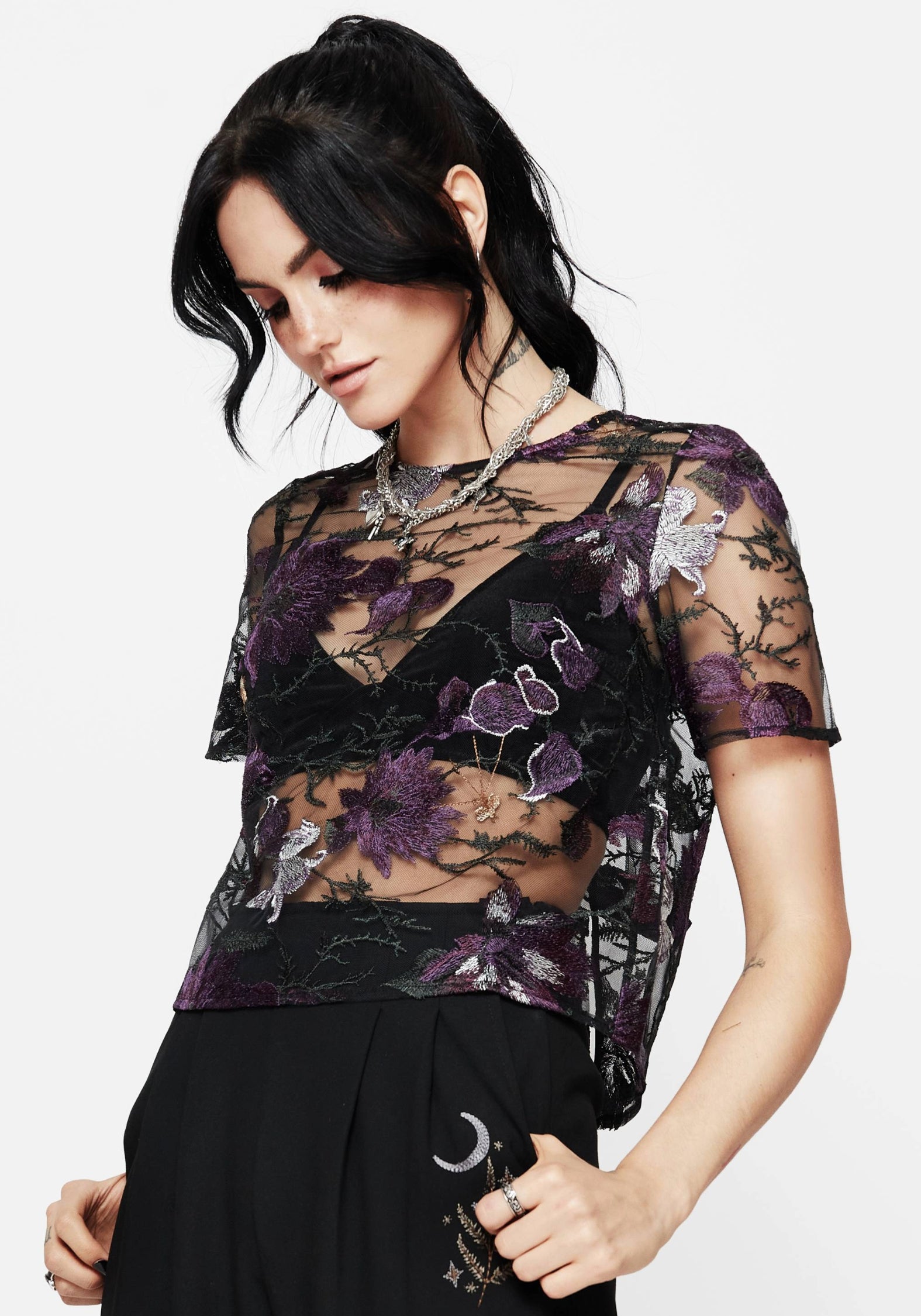 Embroidered Mesh Blouse with Tie Back | Estrid