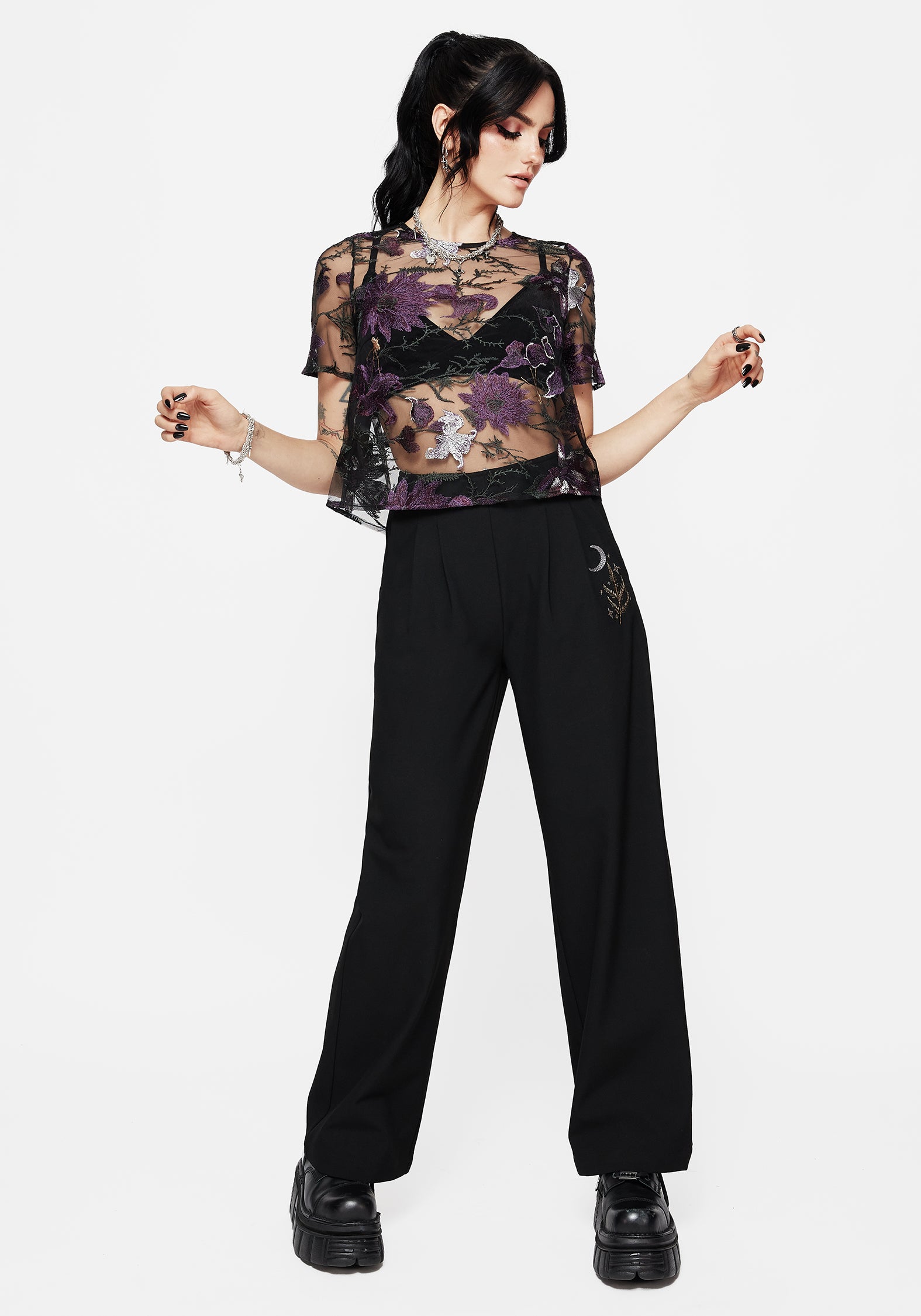 Embroidered Mesh Blouse with Tie Back | Estrid