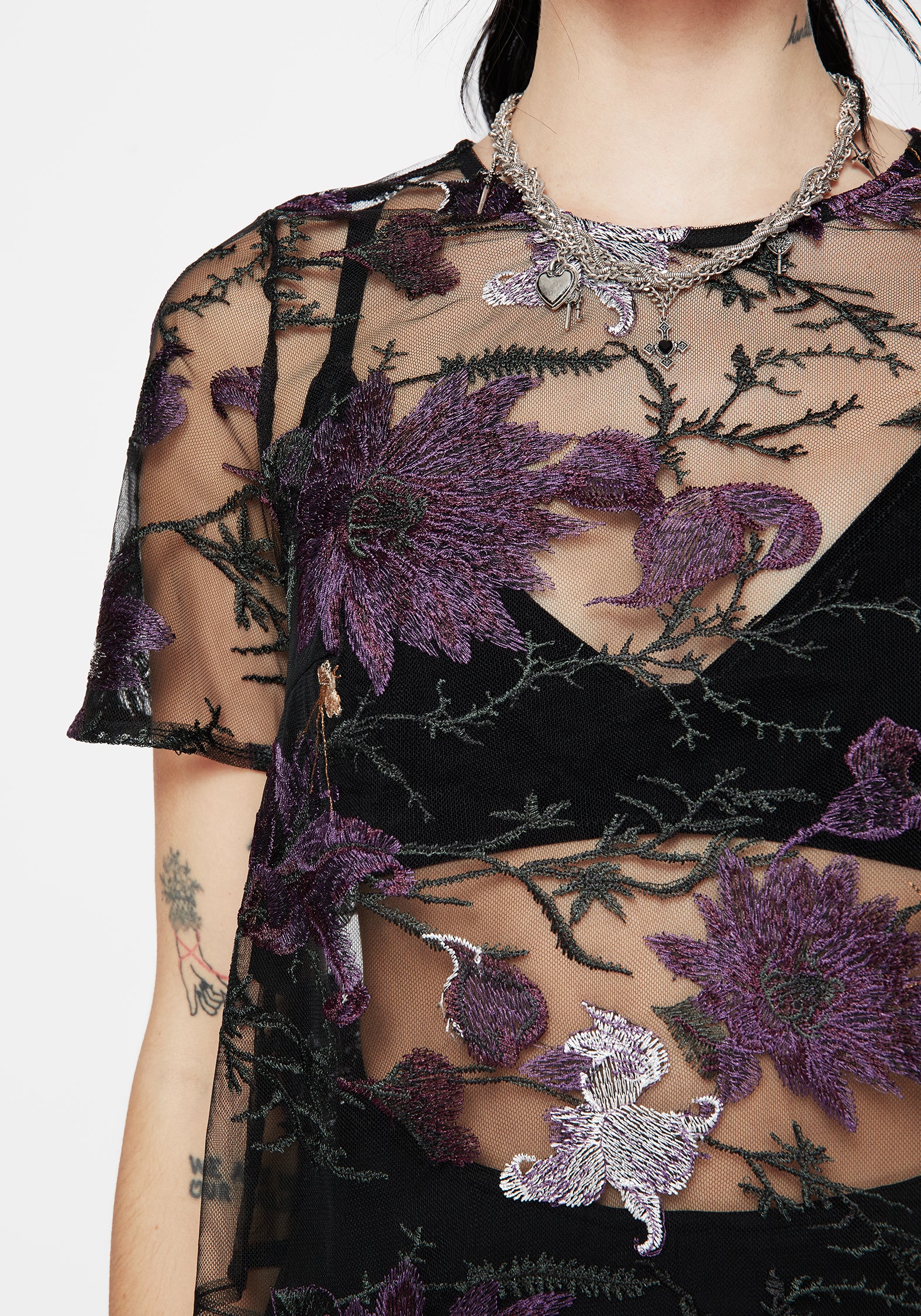 Embroidered Mesh Blouse with Tie Back | Estrid