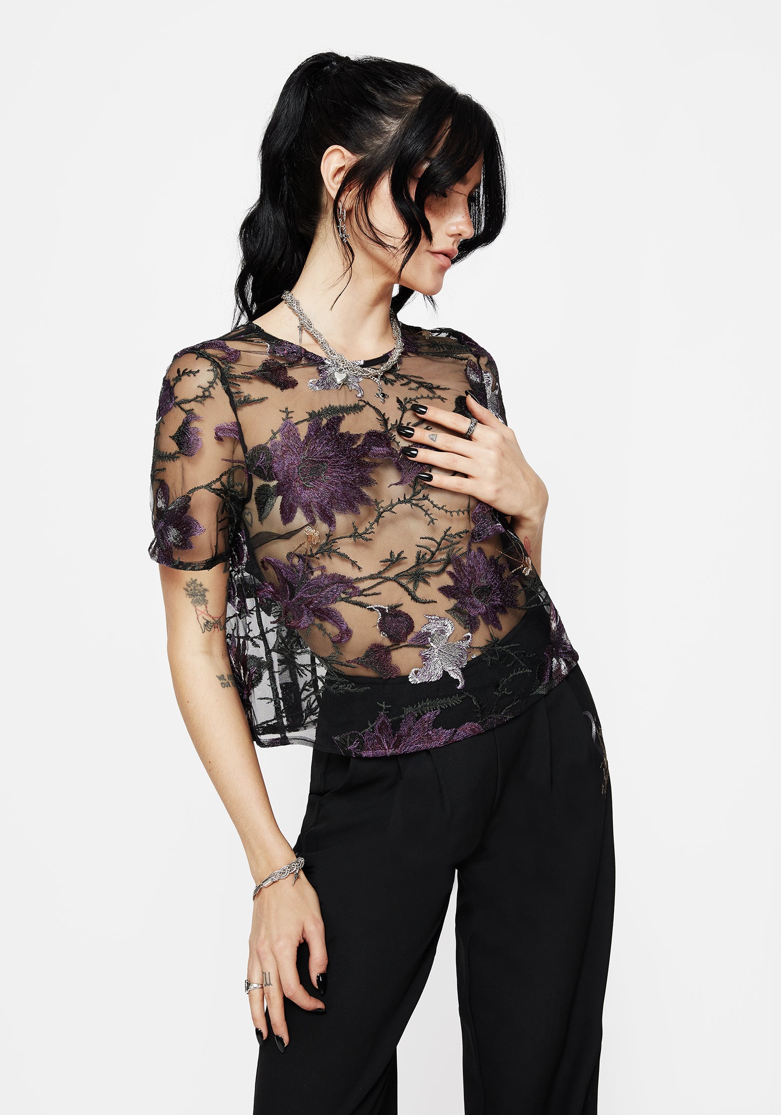 Embroidered Mesh Blouse with Tie Back | Estrid