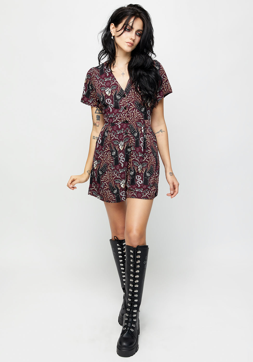 Burgundy V-Neck Button-Up Playsuit with Pockets | Hemlock
