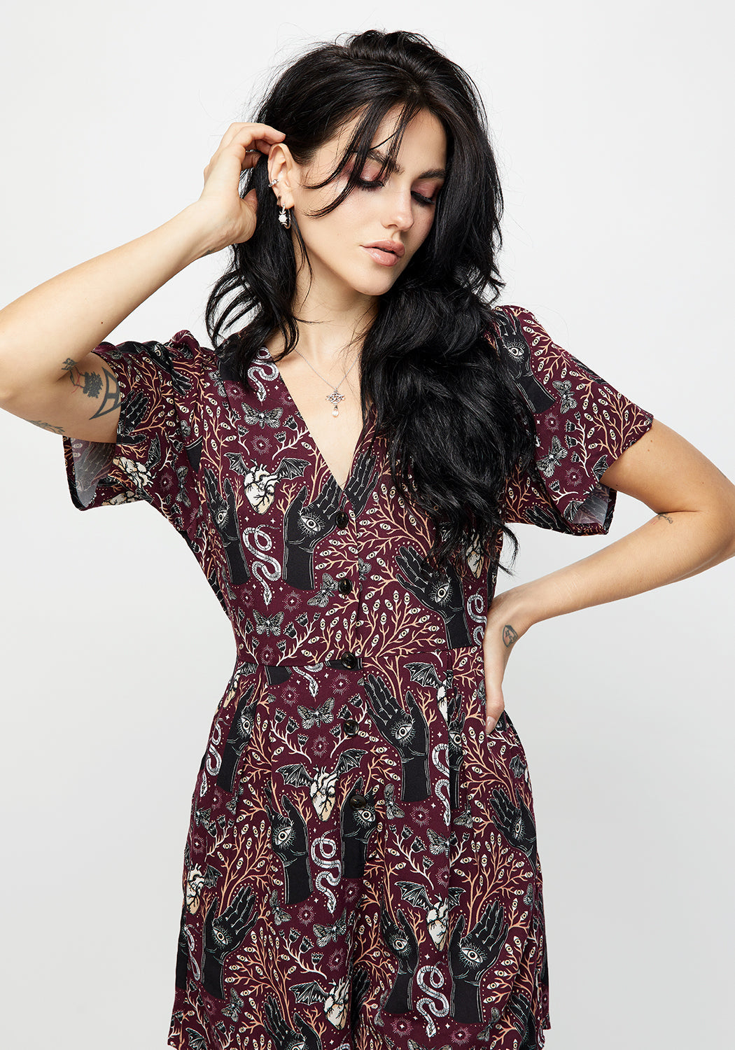 Burgundy V-Neck Button-Up Playsuit with Pockets | Hemlock