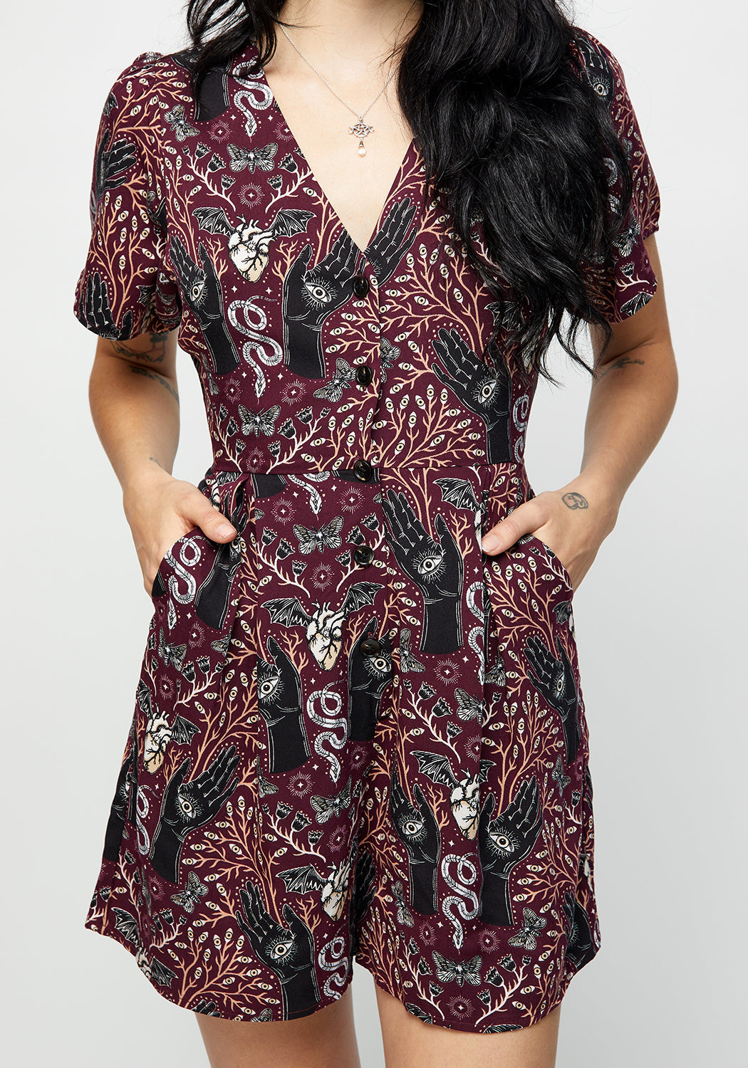 Burgundy V-Neck Button-Up Playsuit with Pockets | Hemlock