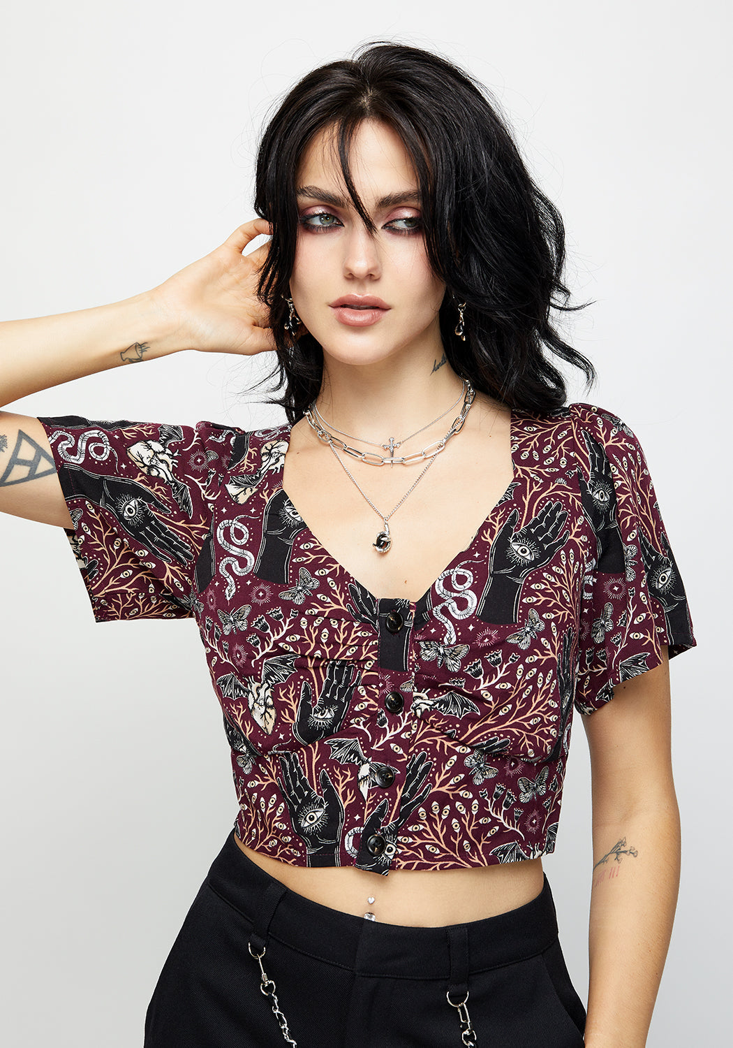 Burgundy Witchy Print Button-Up Crop Top with Sweetheart Neckline | Hemlock