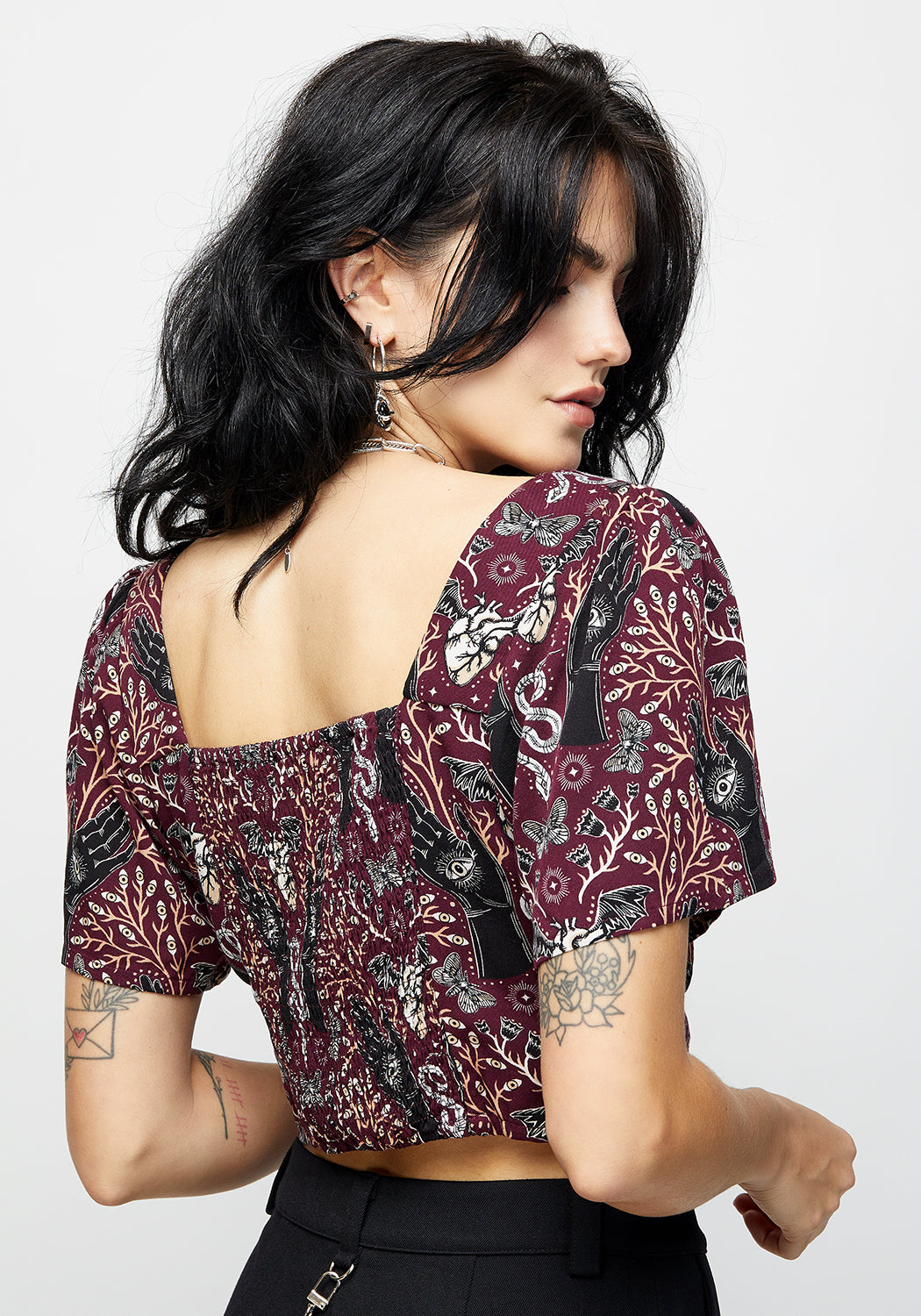 Burgundy Witchy Print Button-Up Crop Top with Sweetheart Neckline | Hemlock
