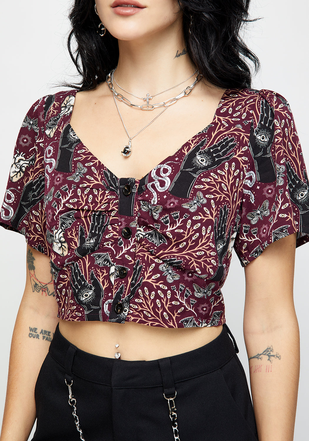 Burgundy Witchy Print Button-Up Crop Top with Sweetheart Neckline | Hemlock