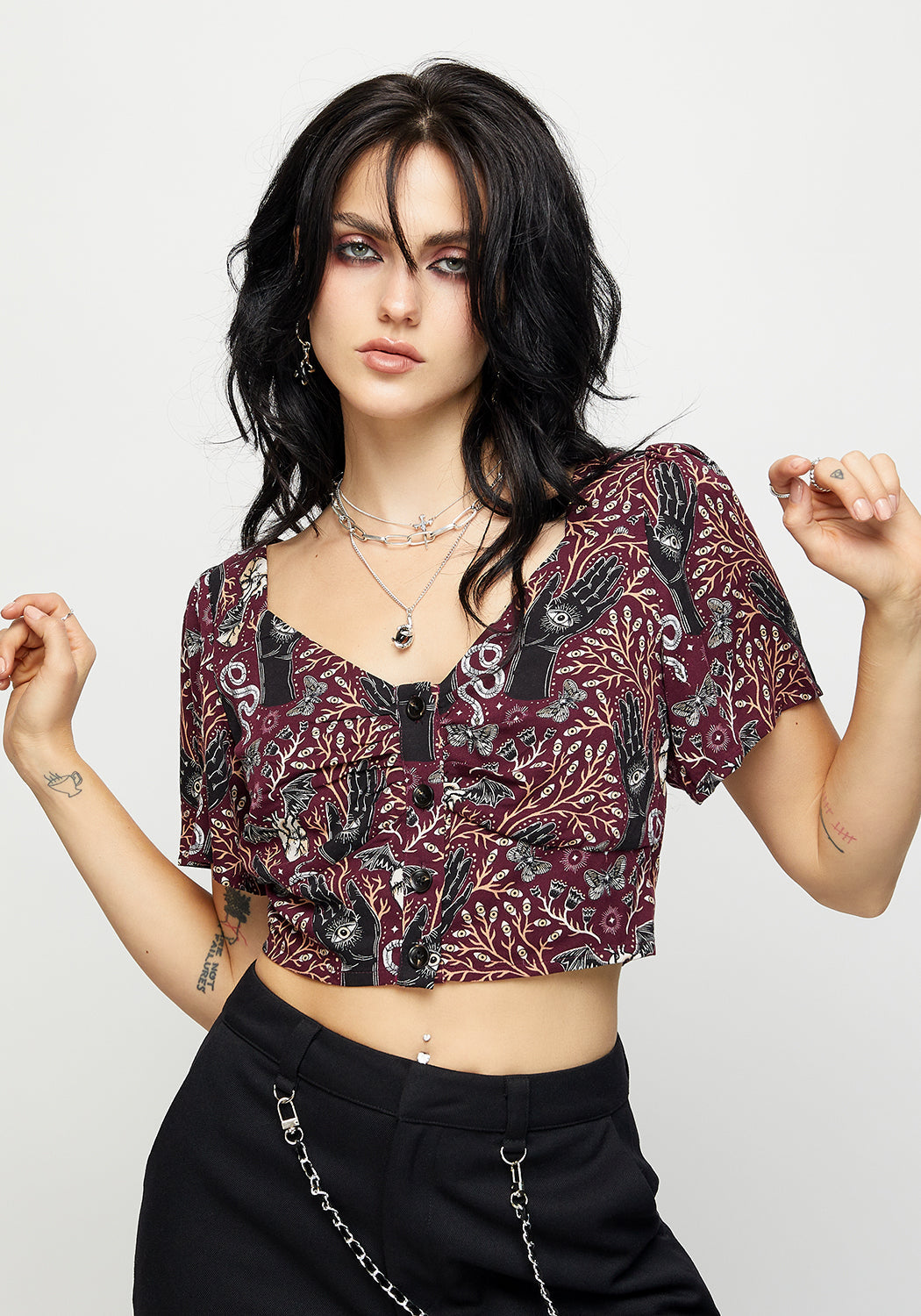 Burgundy Witchy Print Button-Up Crop Top with Sweetheart Neckline | Hemlock