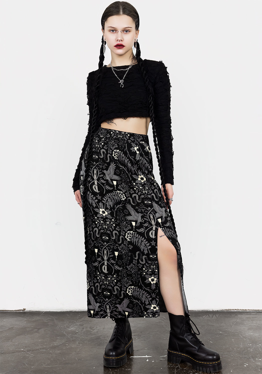 Black Printed Split Midi Skirt with Side Slit | Hecate's Garden