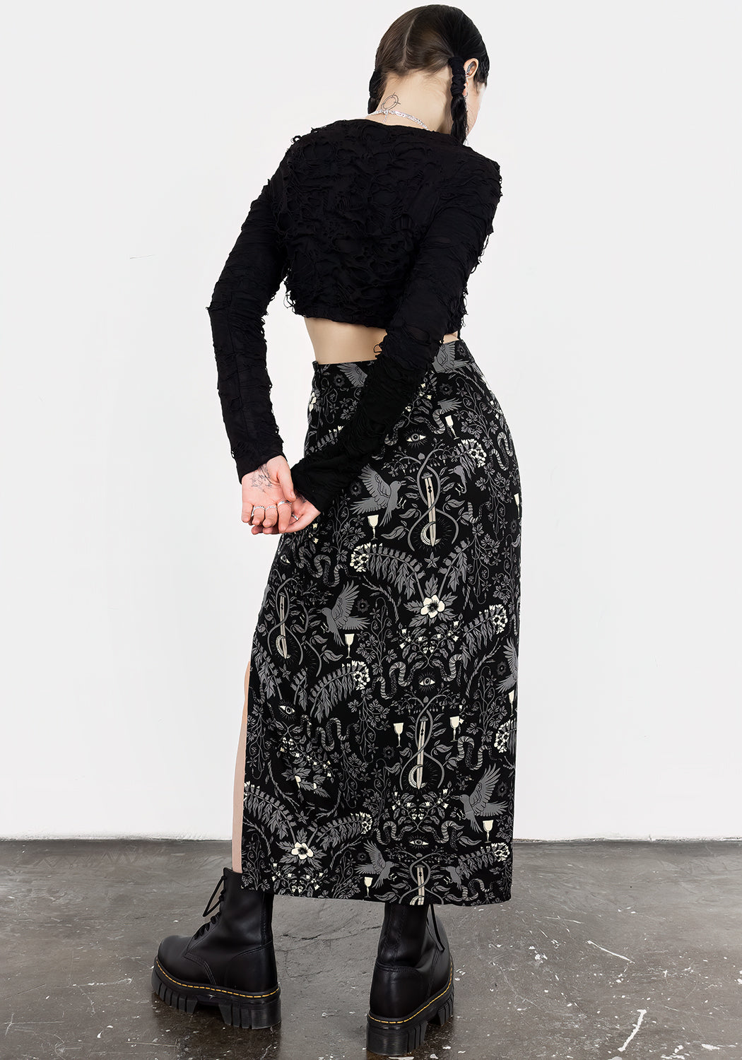 Black Printed Split Midi Skirt with Side Slit | Hecate's Garden