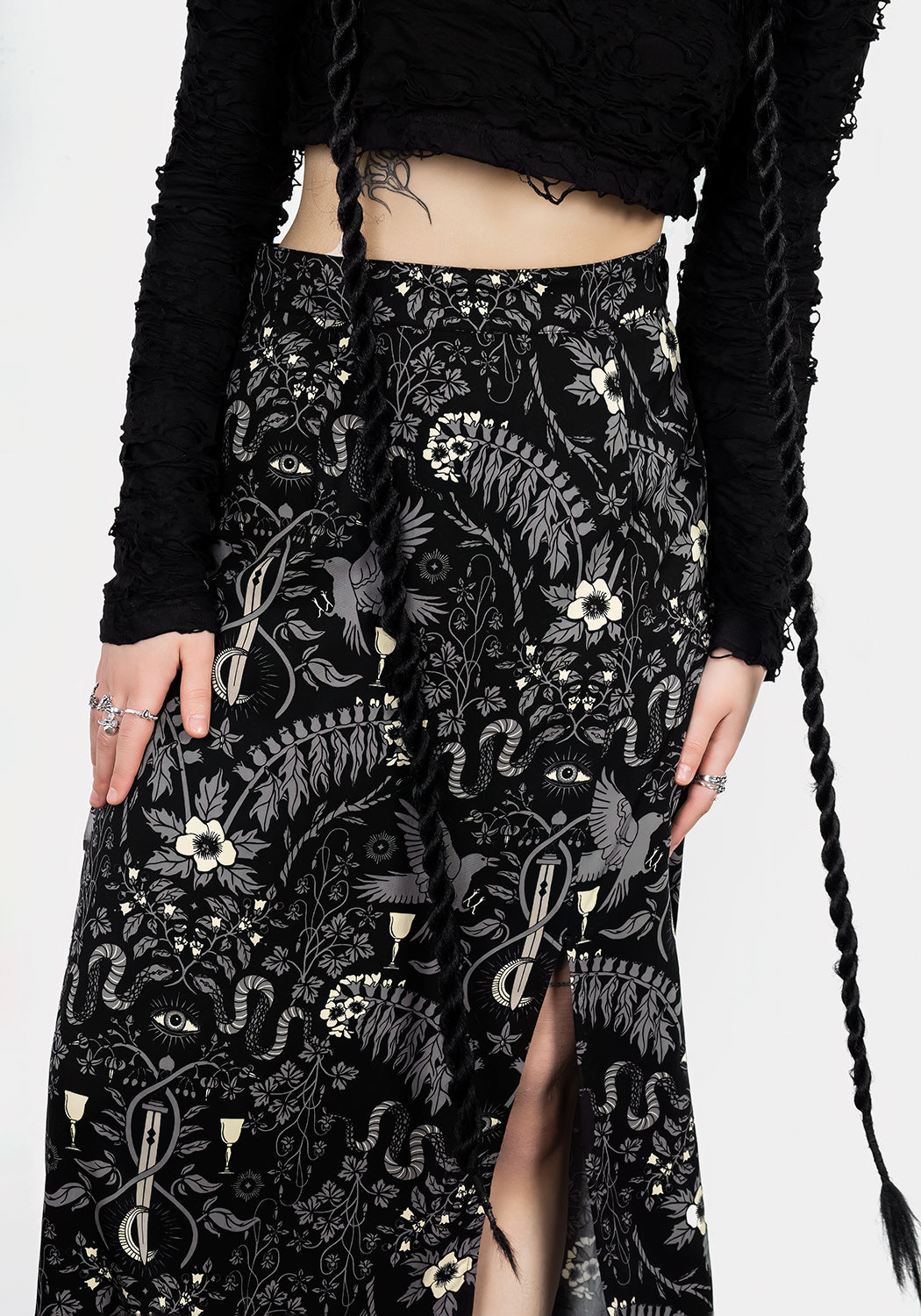 Black Printed Split Midi Skirt with Side Slit | Hecate's Garden