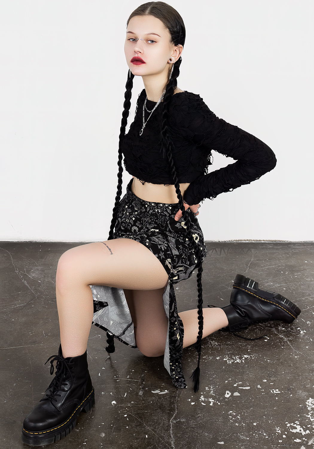 Black Printed Split Midi Skirt with Side Slit | Hecate's Garden