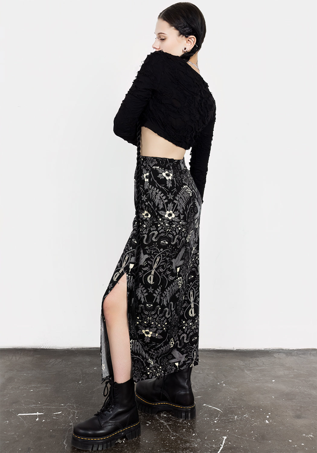 Black Printed Split Midi Skirt with Side Slit | Hecate's Garden