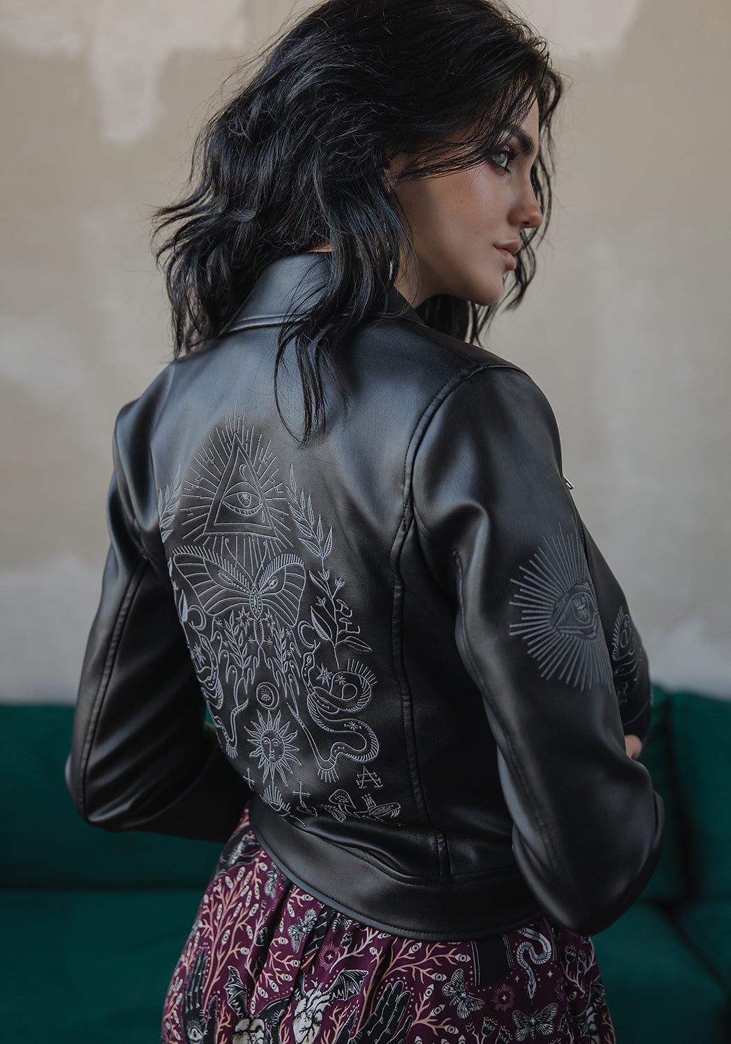 Black Embroidered Faux Leather Jacket for Women | Elemental