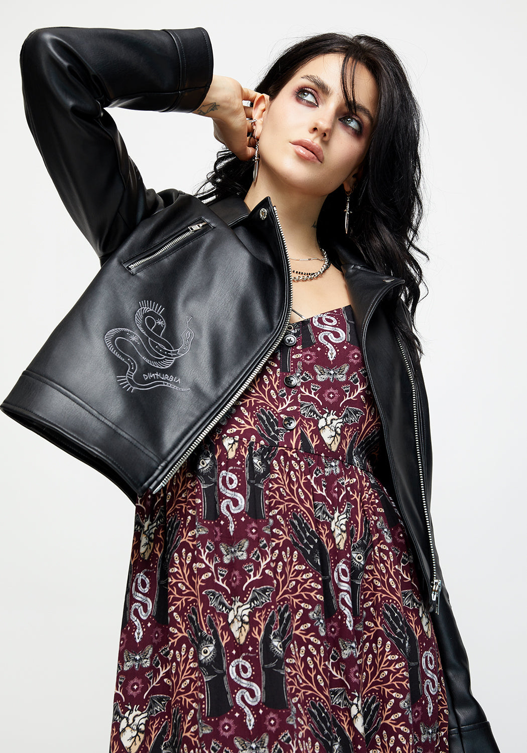 Black Embroidered Faux Leather Jacket for Women | Elemental