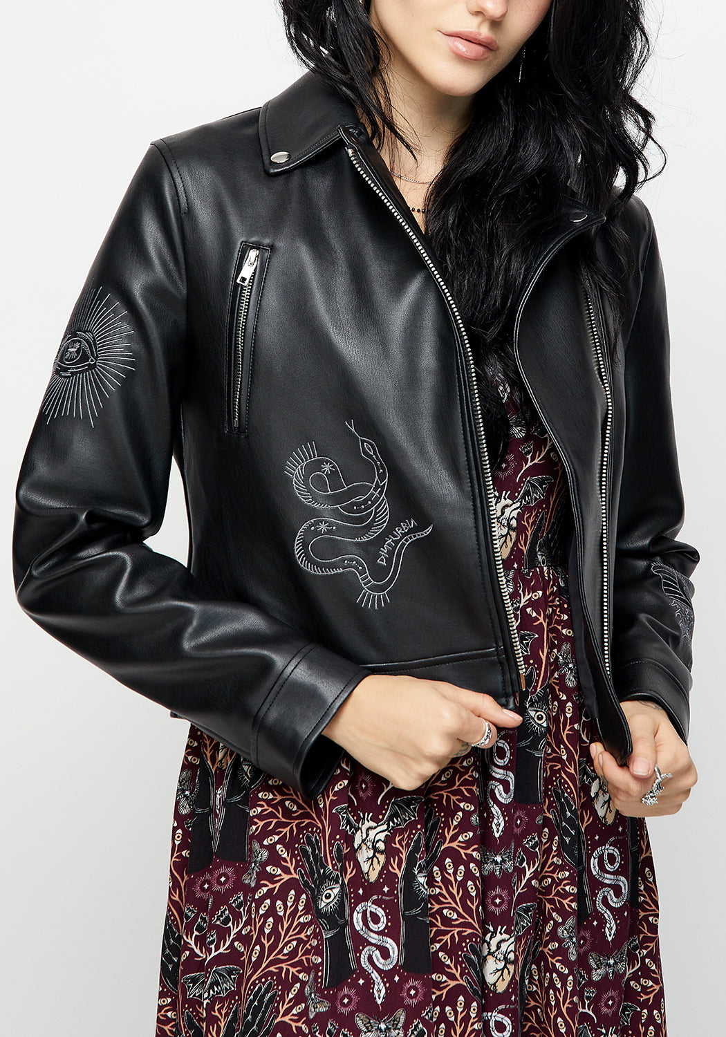 Black Embroidered Faux Leather Jacket for Women | Elemental
