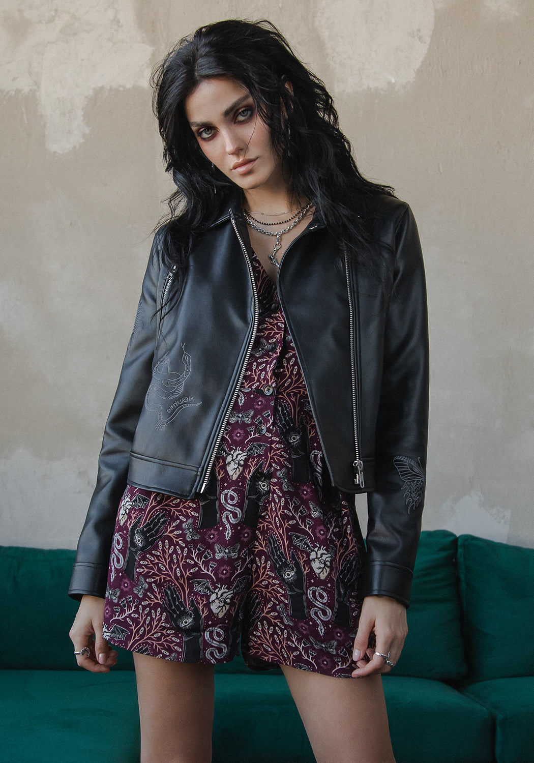Black Embroidered Faux Leather Jacket for Women | Elemental