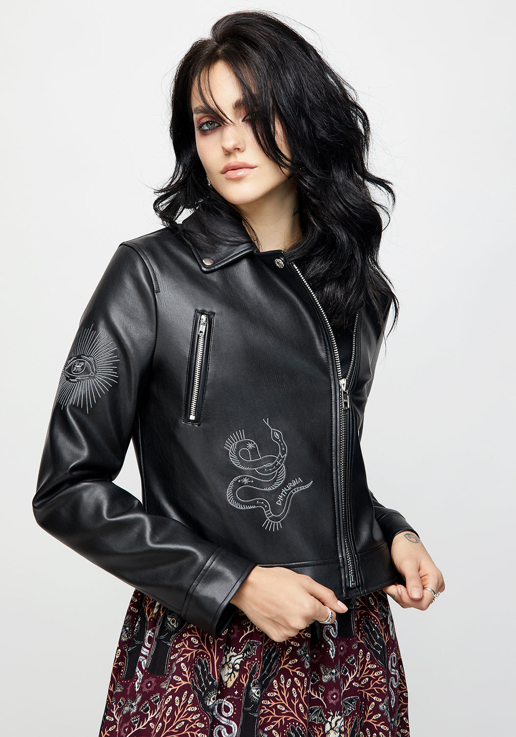 Black Embroidered Faux Leather Jacket for Women | Elemental