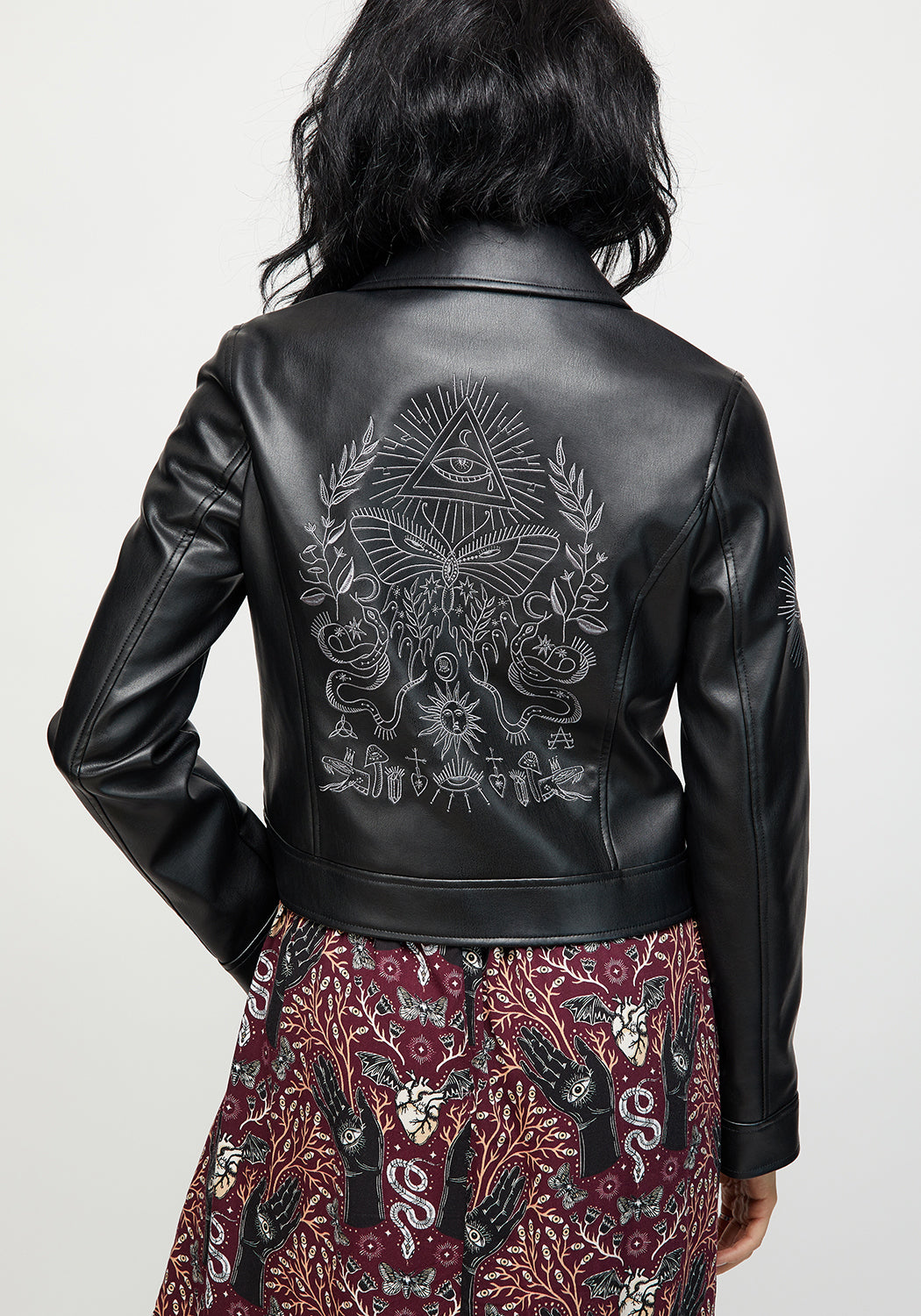 Black Embroidered Faux Leather Jacket for Women | Elemental