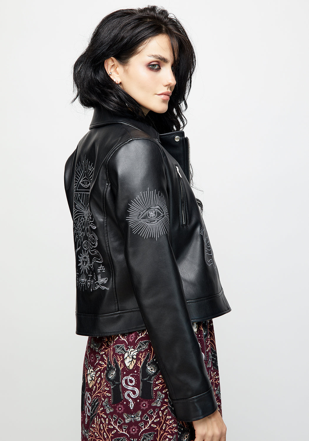 Black Embroidered Faux Leather Jacket for Women | Elemental