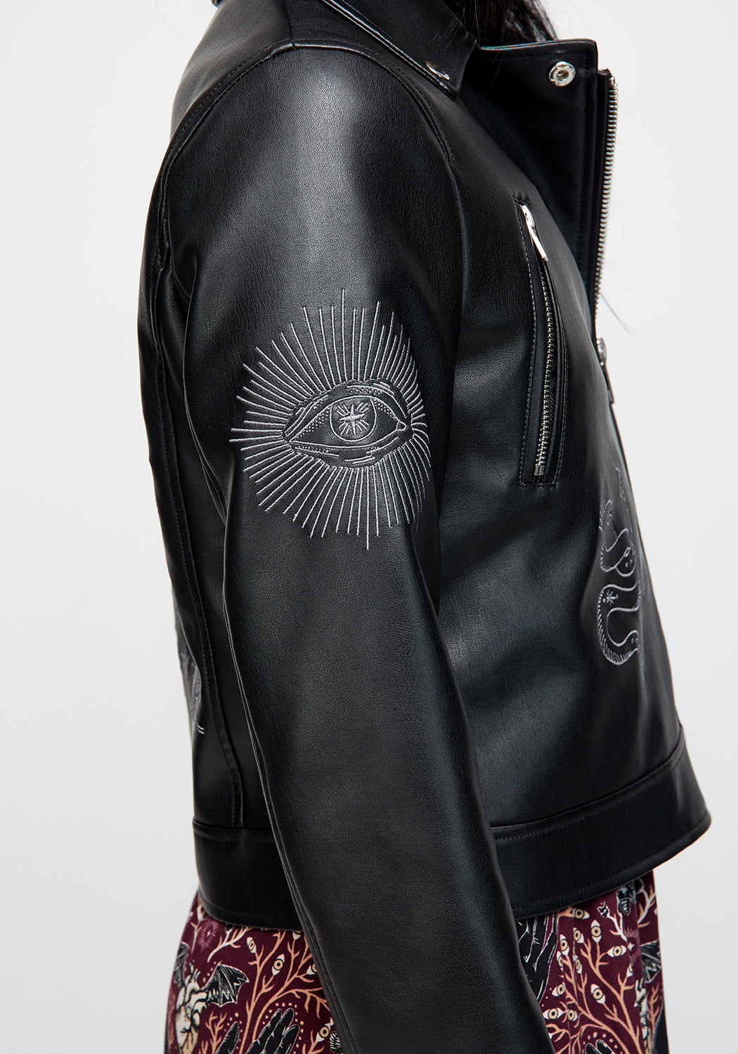 Black Embroidered Faux Leather Jacket for Women | Elemental