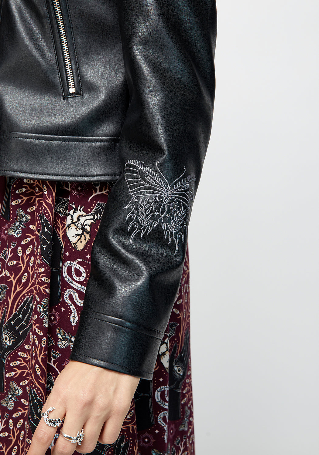 Black Embroidered Faux Leather Jacket for Women | Elemental