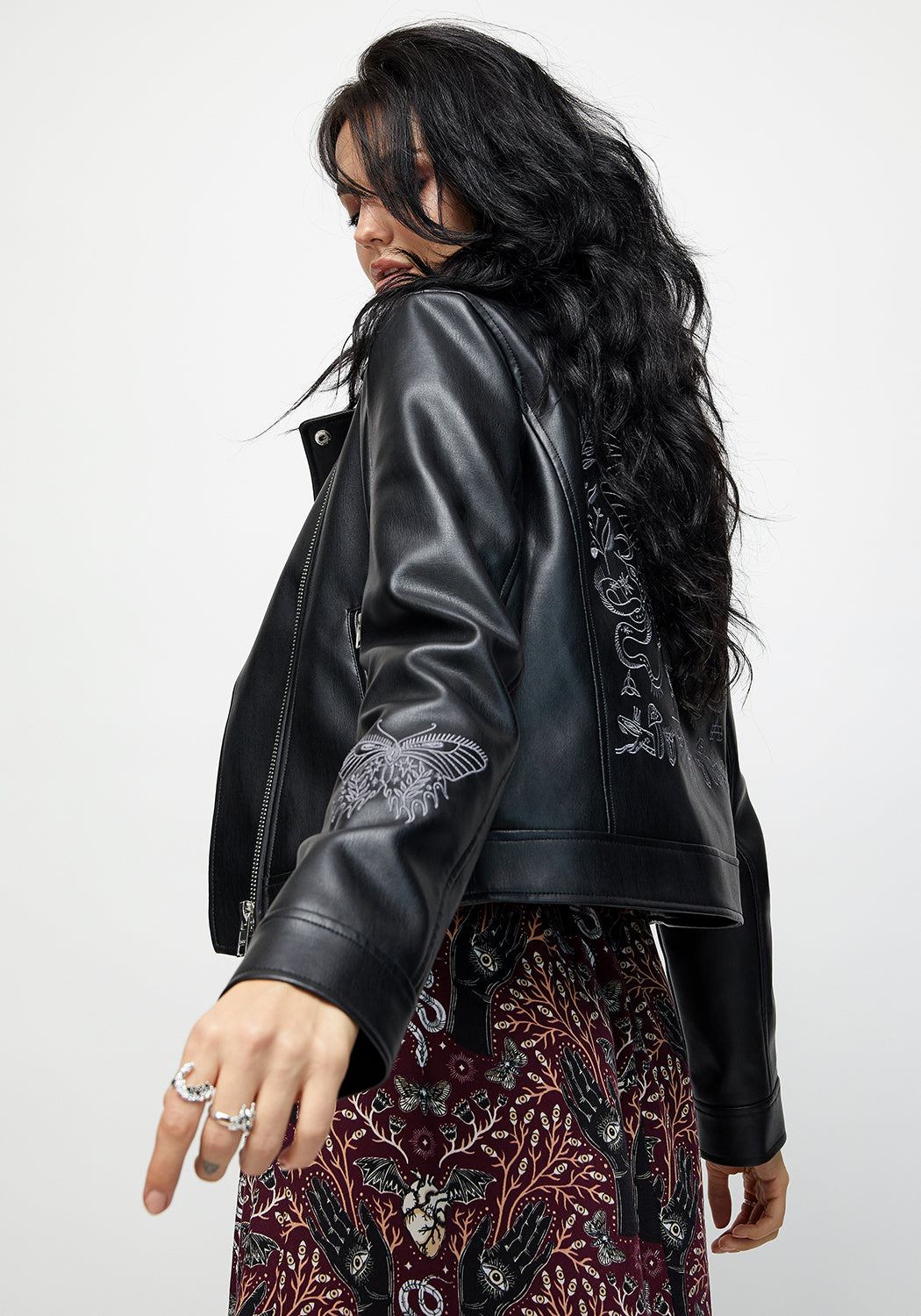 Black Embroidered Faux Leather Jacket for Women | Elemental