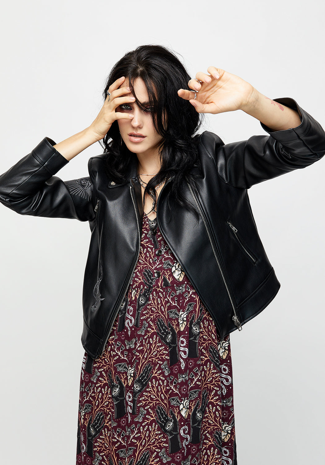 Black Embroidered Faux Leather Jacket for Women | Elemental