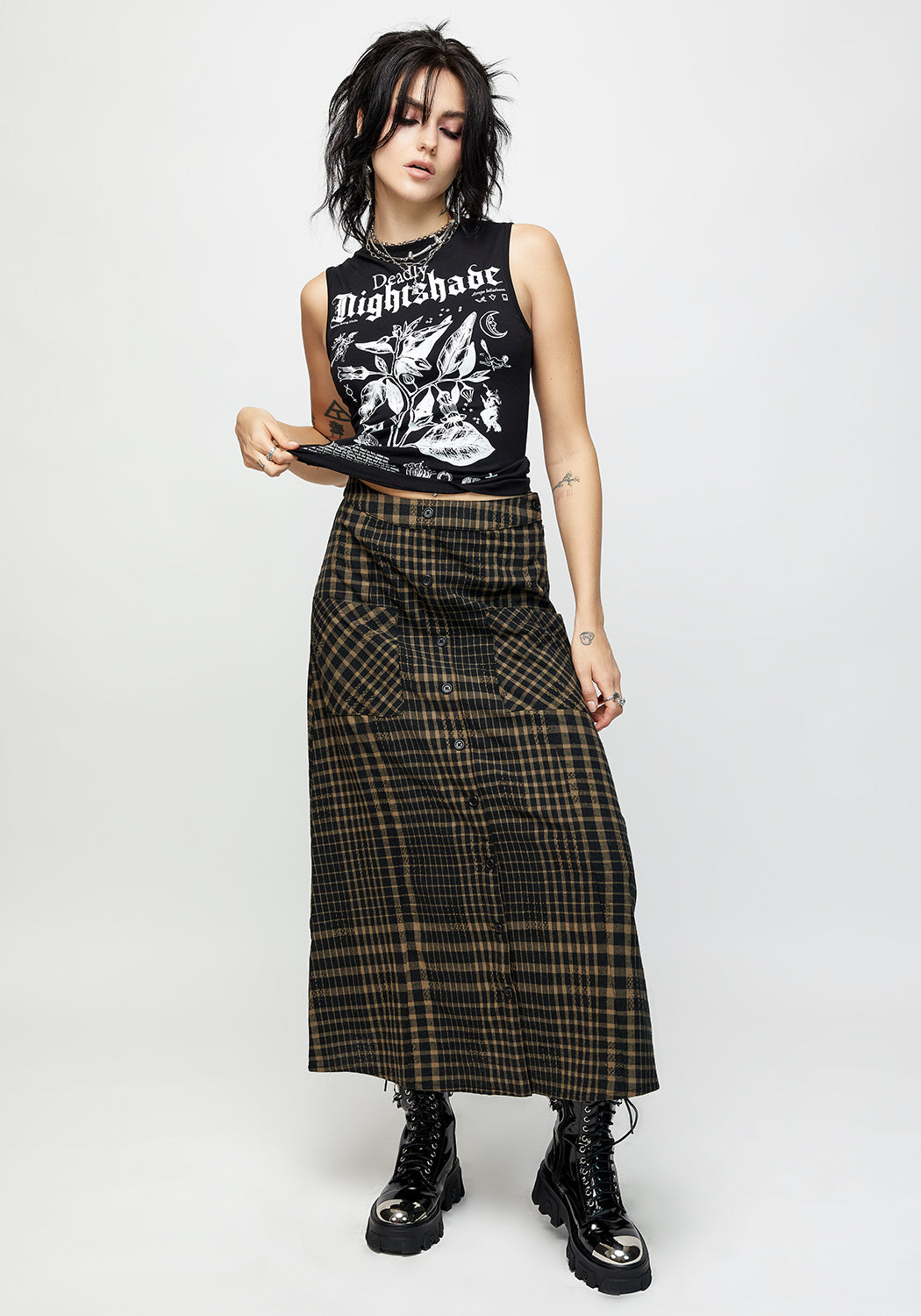 Khaki Green & Black Check Button Down Midaxi Skirt | Dropout